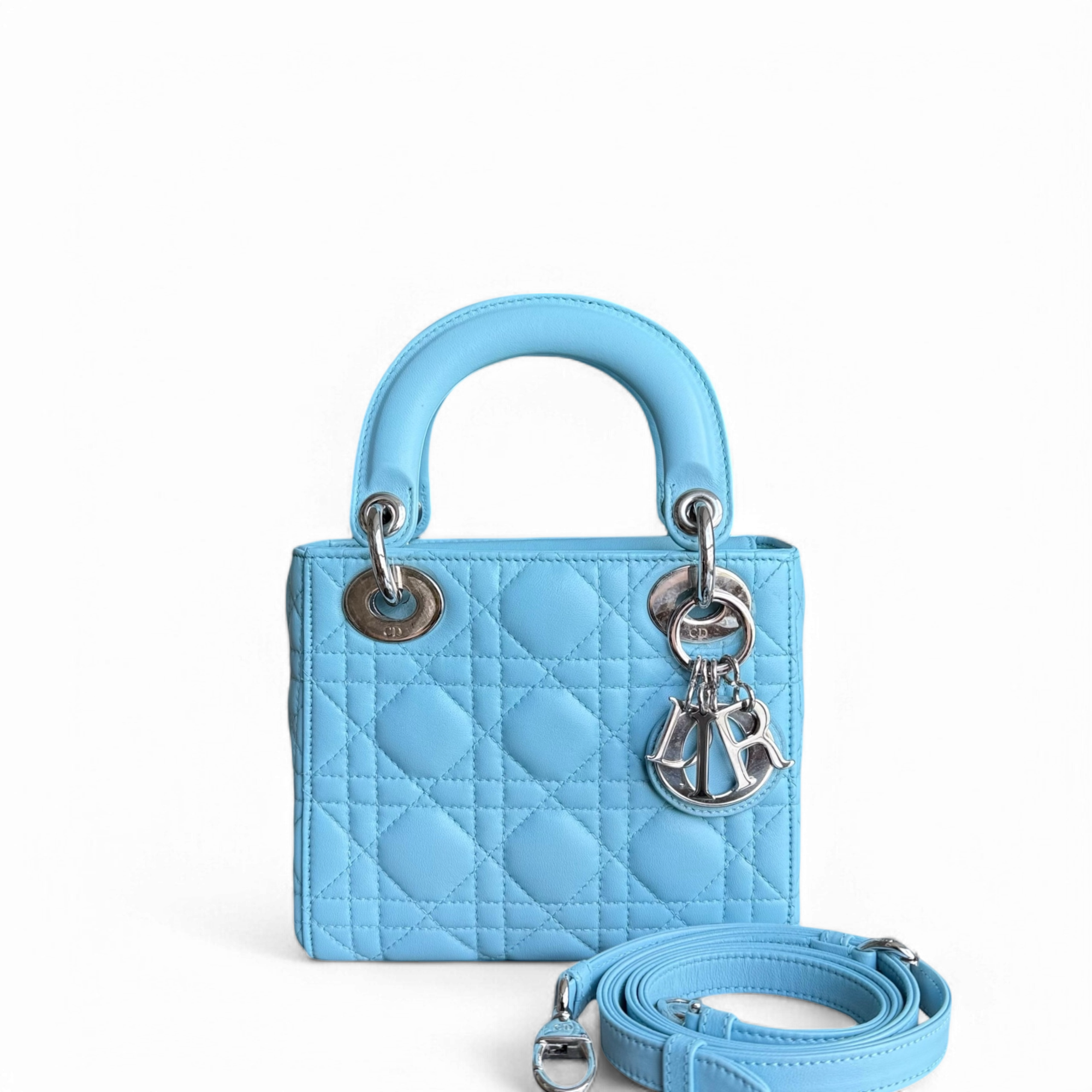 Dior Lady Mini - Cannage Lambskin Light Blue Silver Hardware Adjustable strap