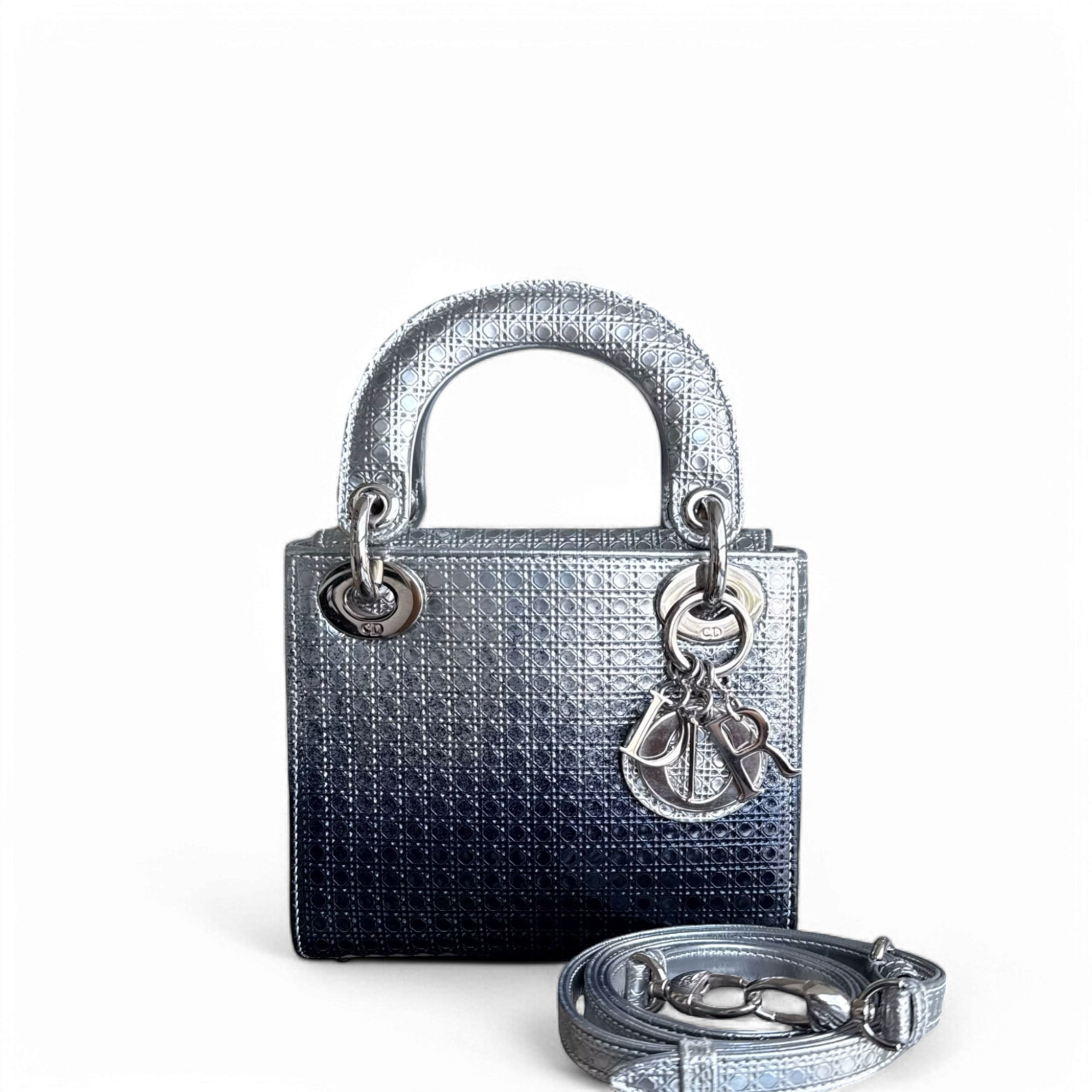 Dior Lady Mini - Micro Cannage Metallic Two-tone Silver Dark Blue Silver Hardware