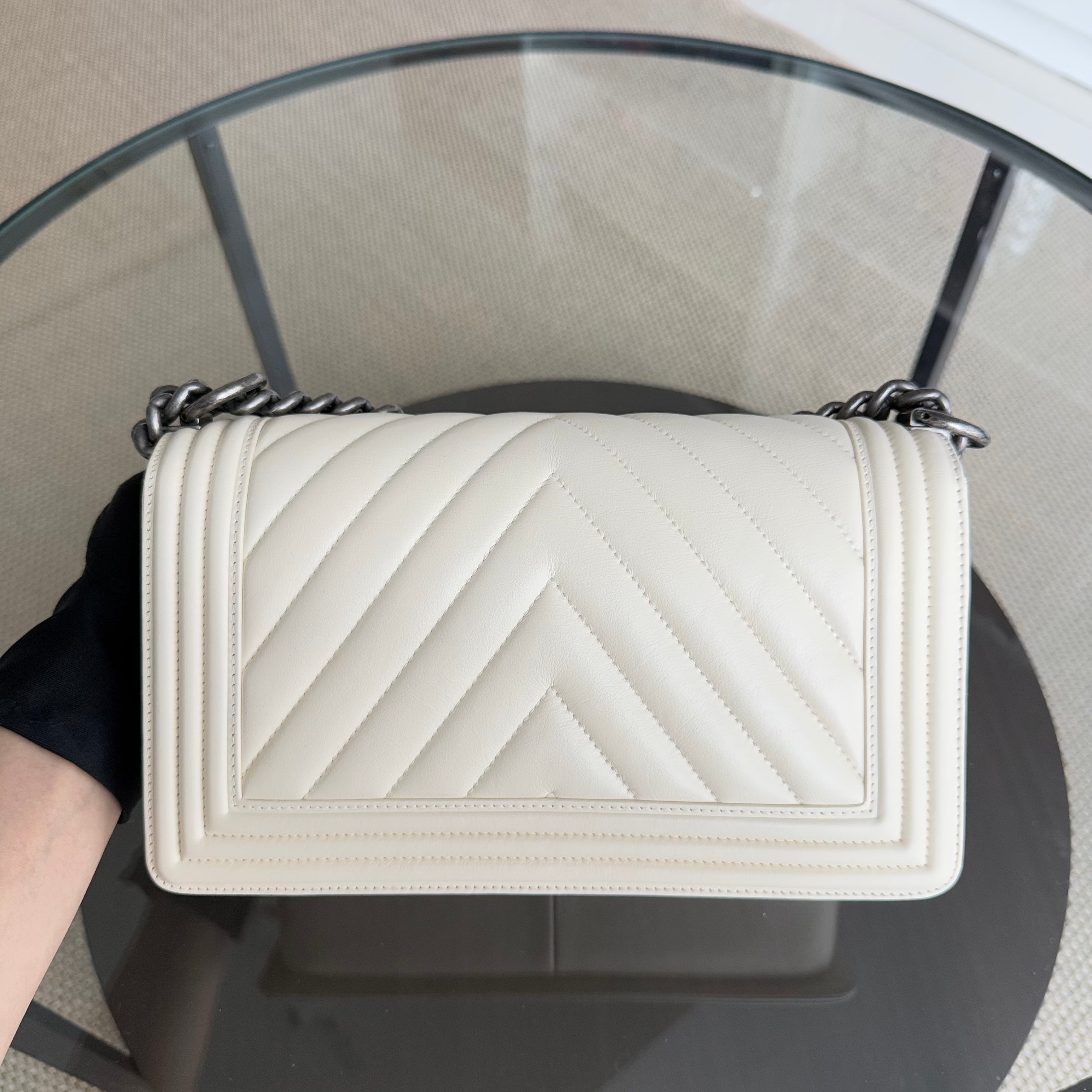 Chanel Boy Medium - 25CM Chevron Calfskin Cream White Ruthenium Silver Hardware Series 20