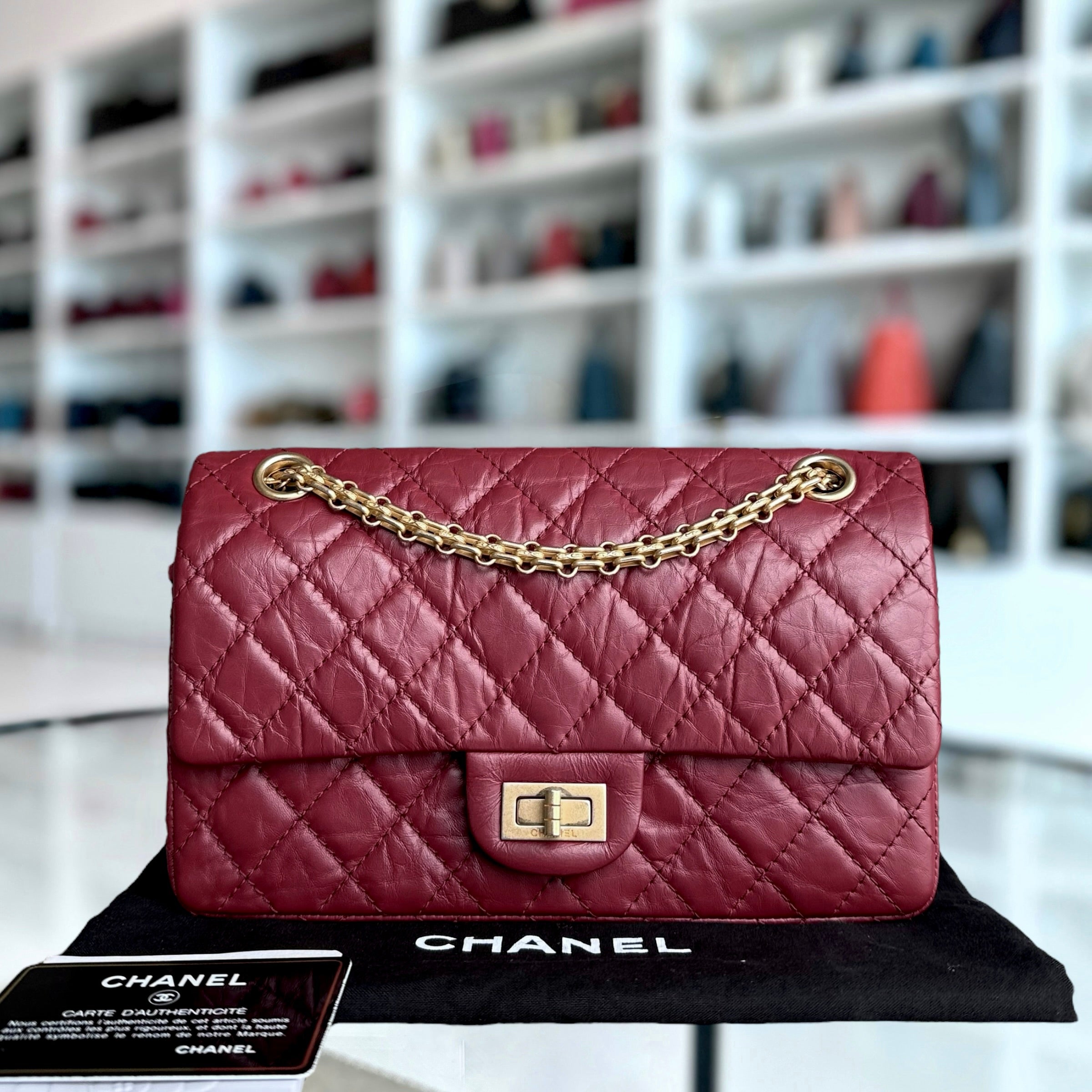 Chanel 2.55 Reissue 255 - 24CM Quilted Calfskin Dark Red Burgundy Gold Hardware Series 25