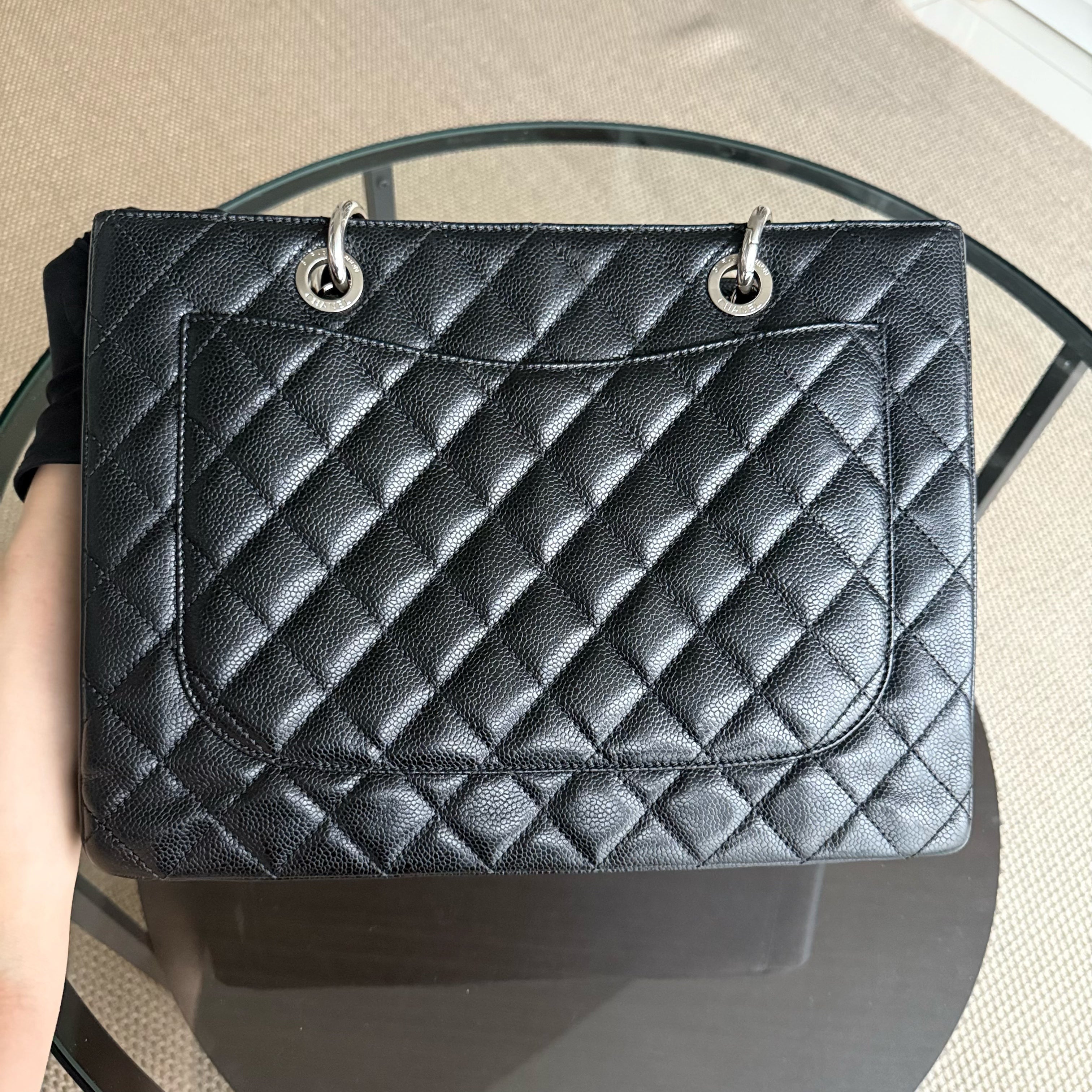 Chanel GST Grand Shopping Tote - Caviar Quilted Grained Calfskin Black Silver Hardware Series 19