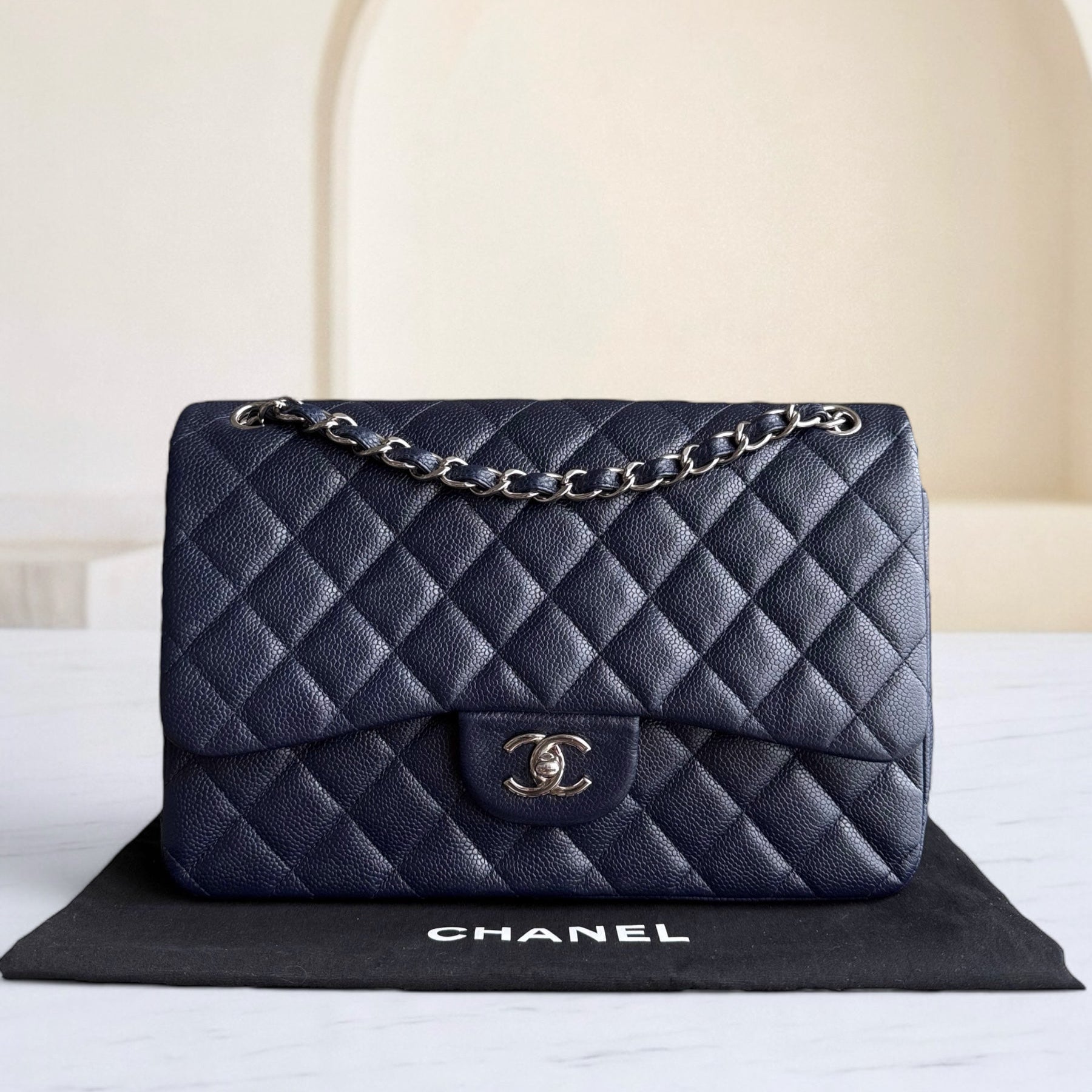 Chanel Classic Flap Jumbo - Caviar Double Flap 30CM Quilted Grained Calfskin Dark Blue Silver Hardware Series 19