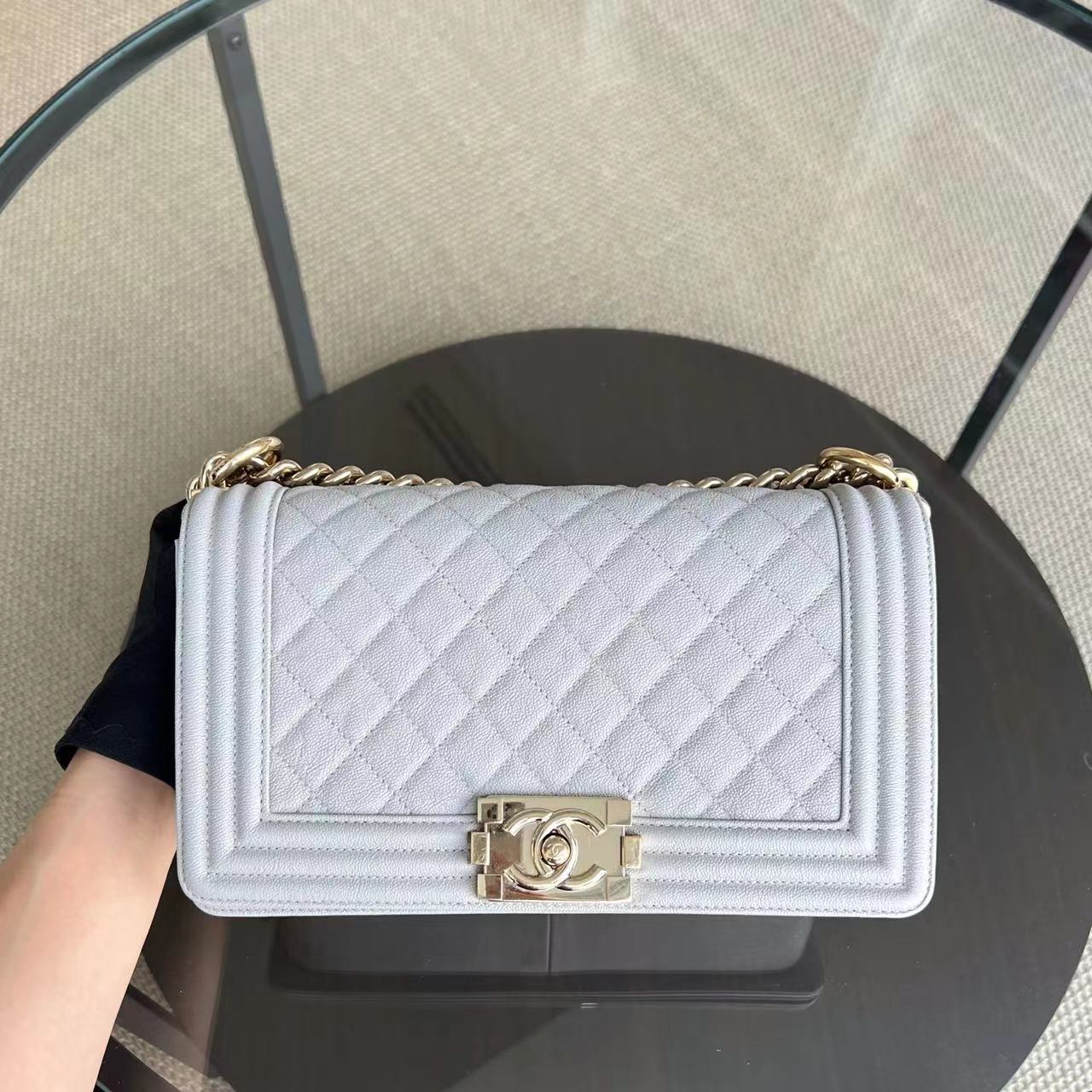 Caviar Boy Old Medium 25CM Quilted Grained Calfskin Light Grey Gray Golden Hardware Series 28