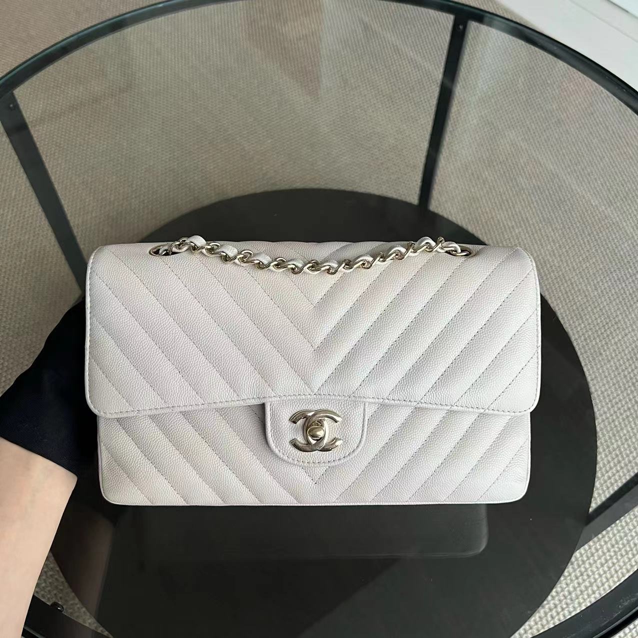 Balance of Chanel Classic Flap - Medium 25CM Caviar Chevron White Cream Silver Hardware Series 26