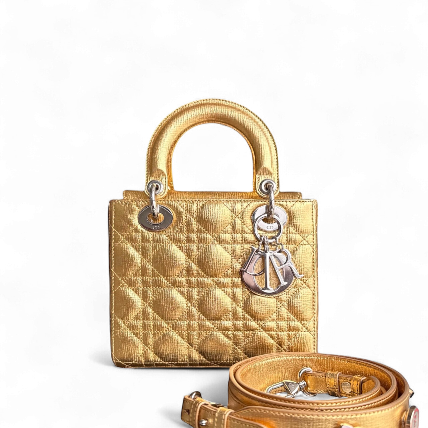 Dior Lady Small - Cannage Metallic Calfskin Gold Silver Hardware
