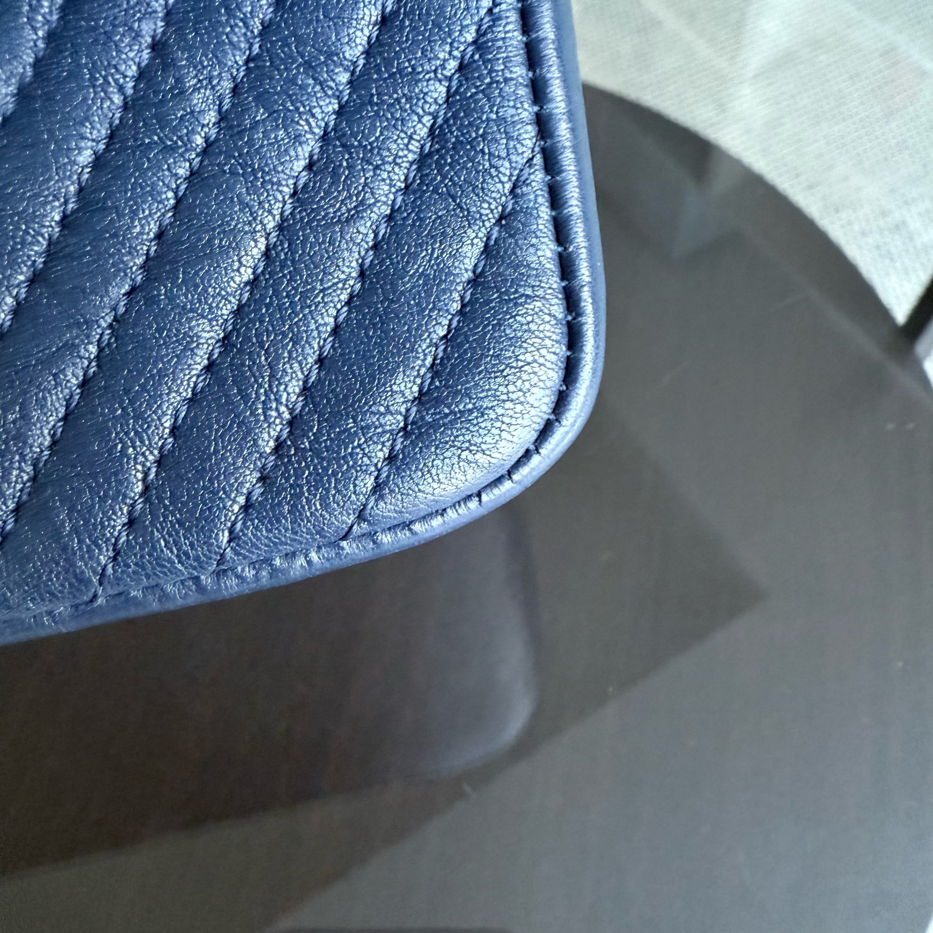 Chanel Seasonal Flap Medium - 25CM Surpique CC Herringbone Medallion Flap Chevron Dark Navy Blue Gold Hardware Series 22
