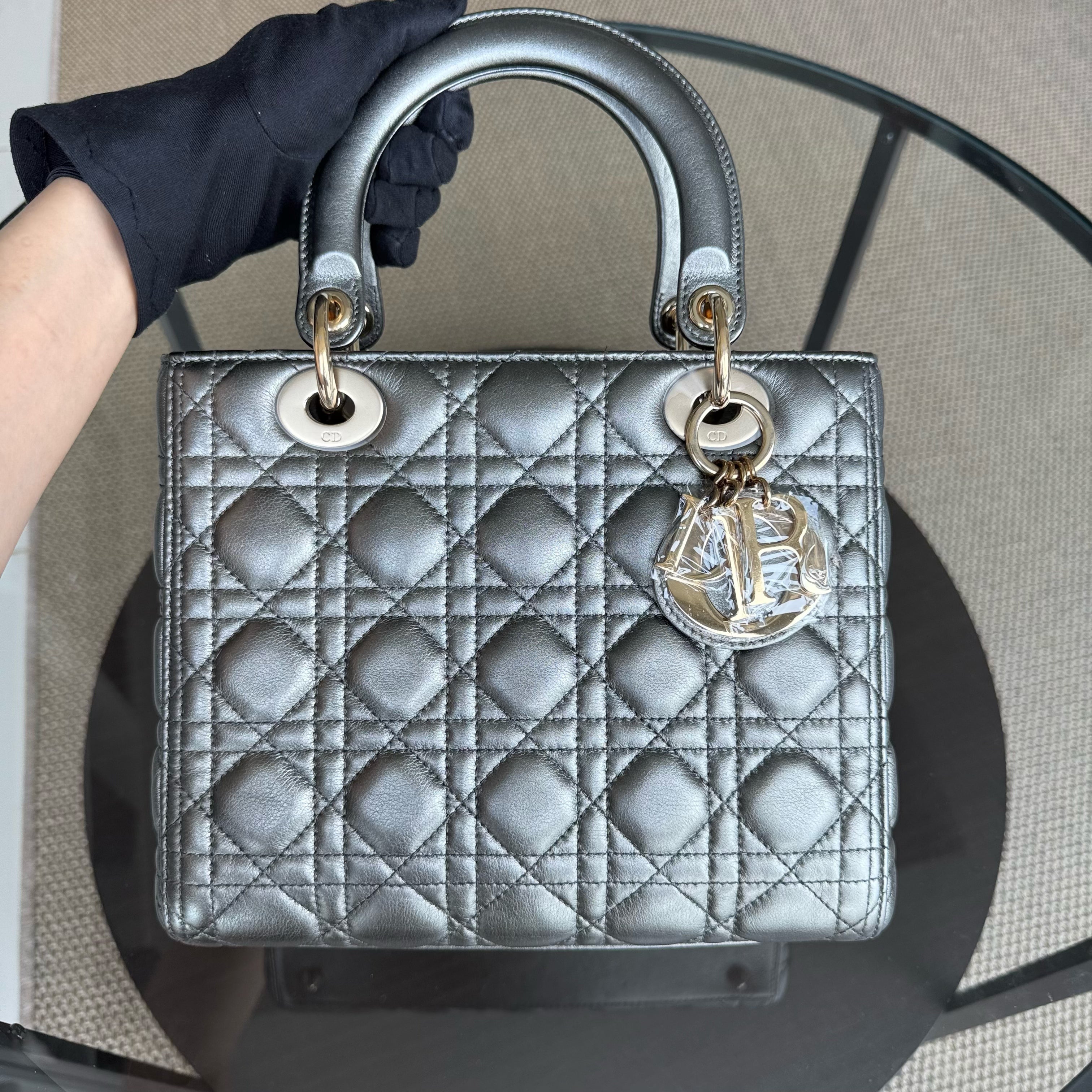 Dior Lady Medium - Cannage Calfskin Metallic Silver Gunmetal Gold Hardware Adjustable Strap