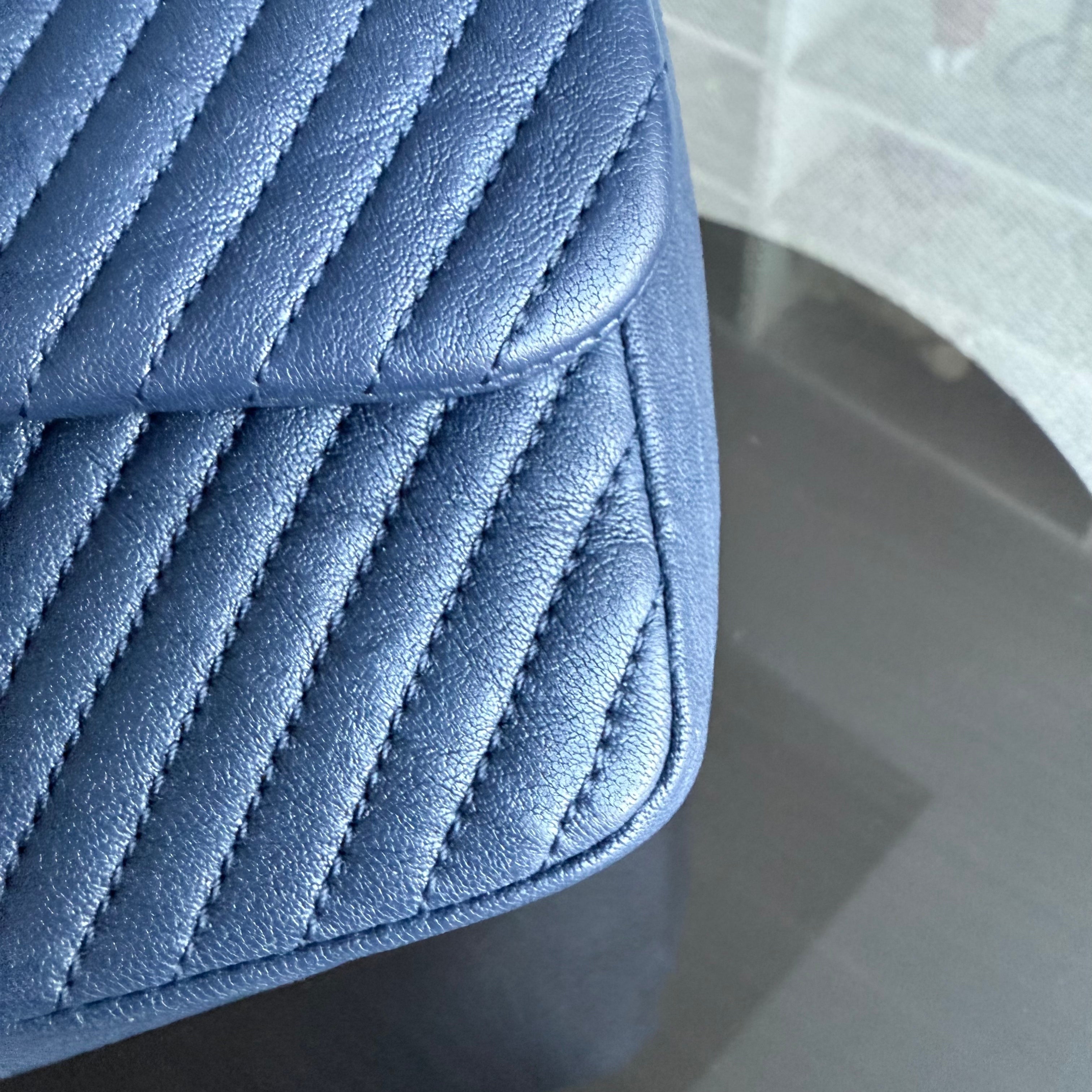 Chanel Seasonal Flap Herringbone - 23CM Calfskin Chevron Blue Distressed Aged Gold Hardware Series 21