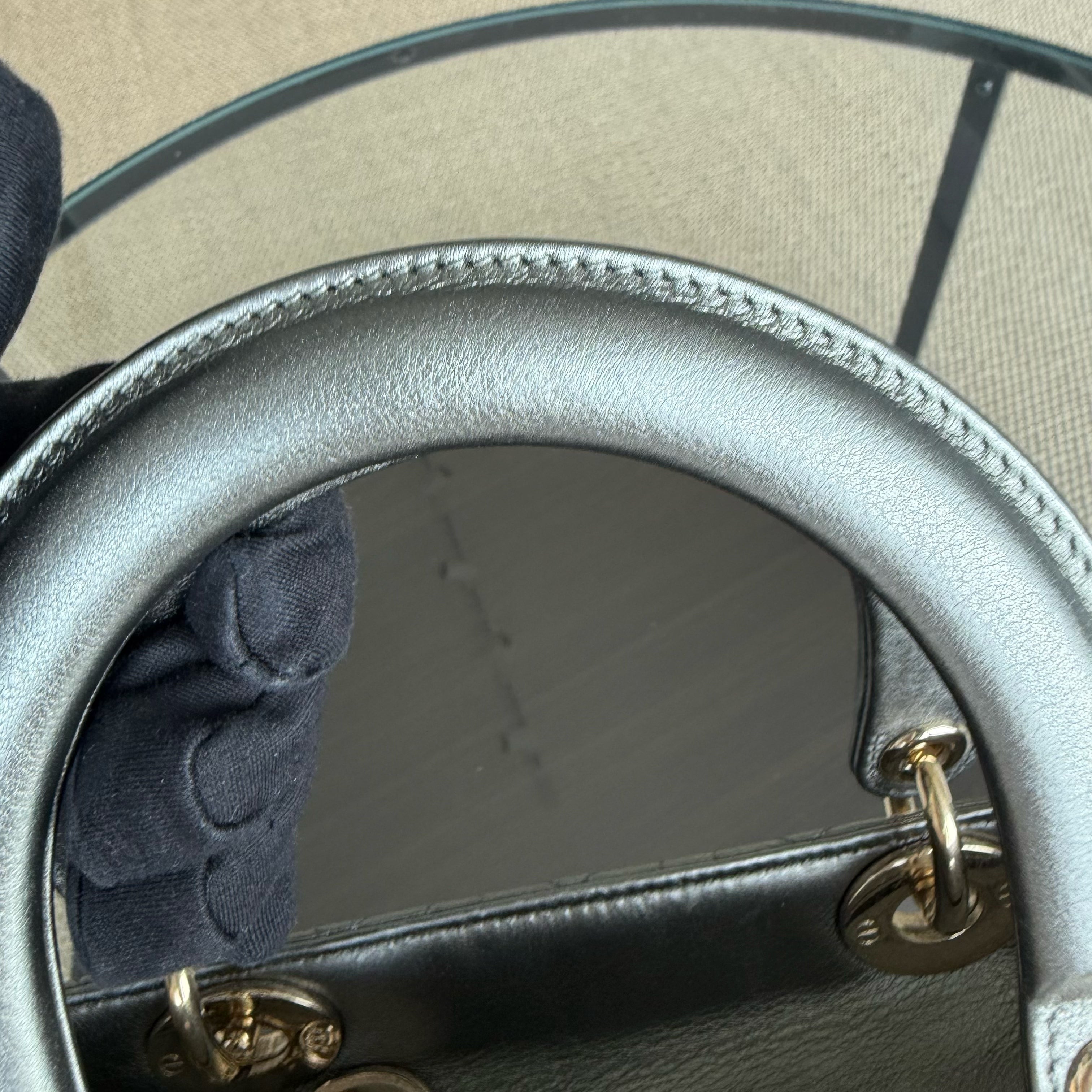 Dior Lady Medium - Cannage Calfskin Metallic Silver Gunmetal Gold Hardware Adjustable Strap