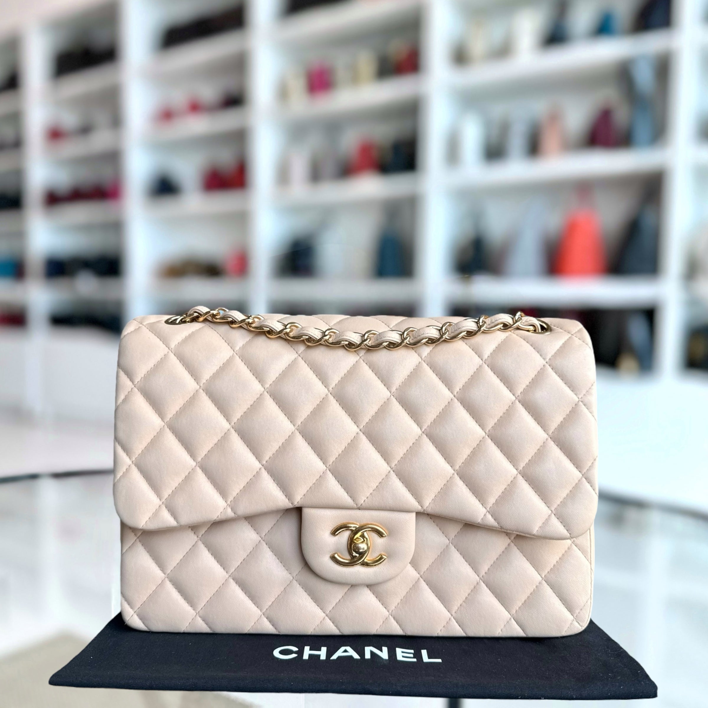 Chanel Classic Flap Jumbo - Double Flap 30CM Quilted Lambskin Beige Gold Hardware Series 19