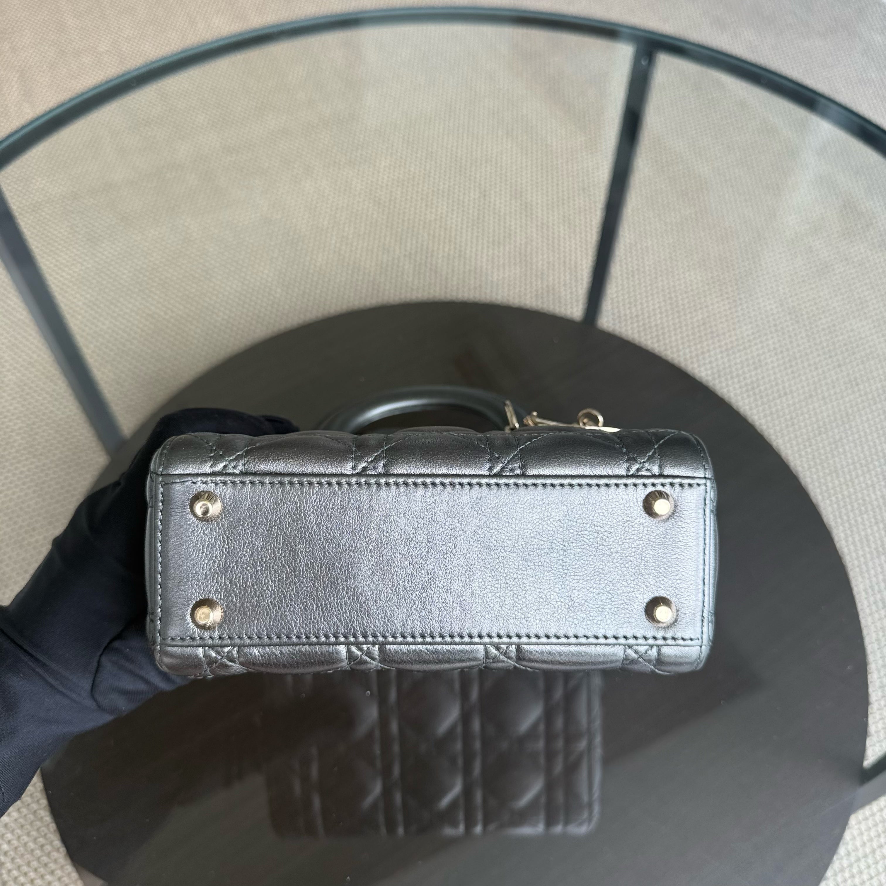 Dior Lady Mini - Cannage Calfskin Silver Gunmetal Gold Hardware Chain Strap