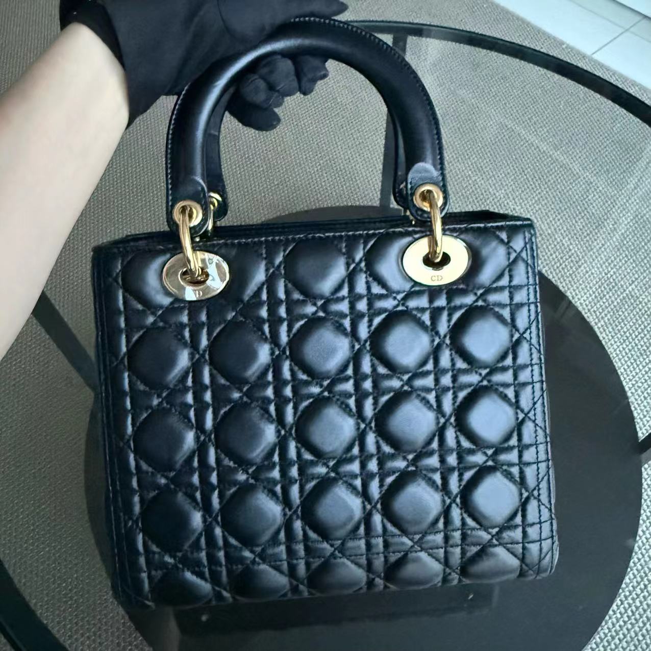 Dior Lady Medium Cannage Lambskin Black Golden Hardware