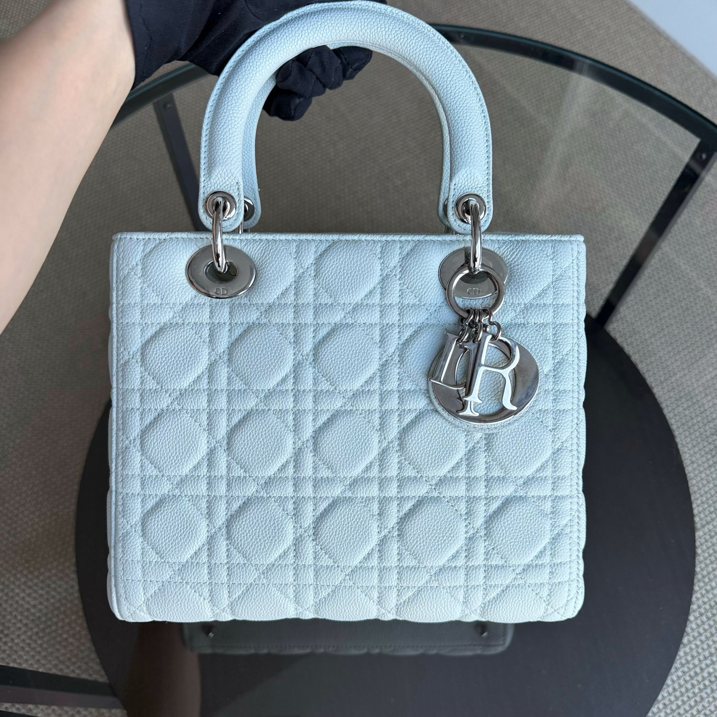 Dior Lady Medium Caviar - Grained Calfskin Cannage Glacier White Ice Blue Silver Hardware NO STRAP