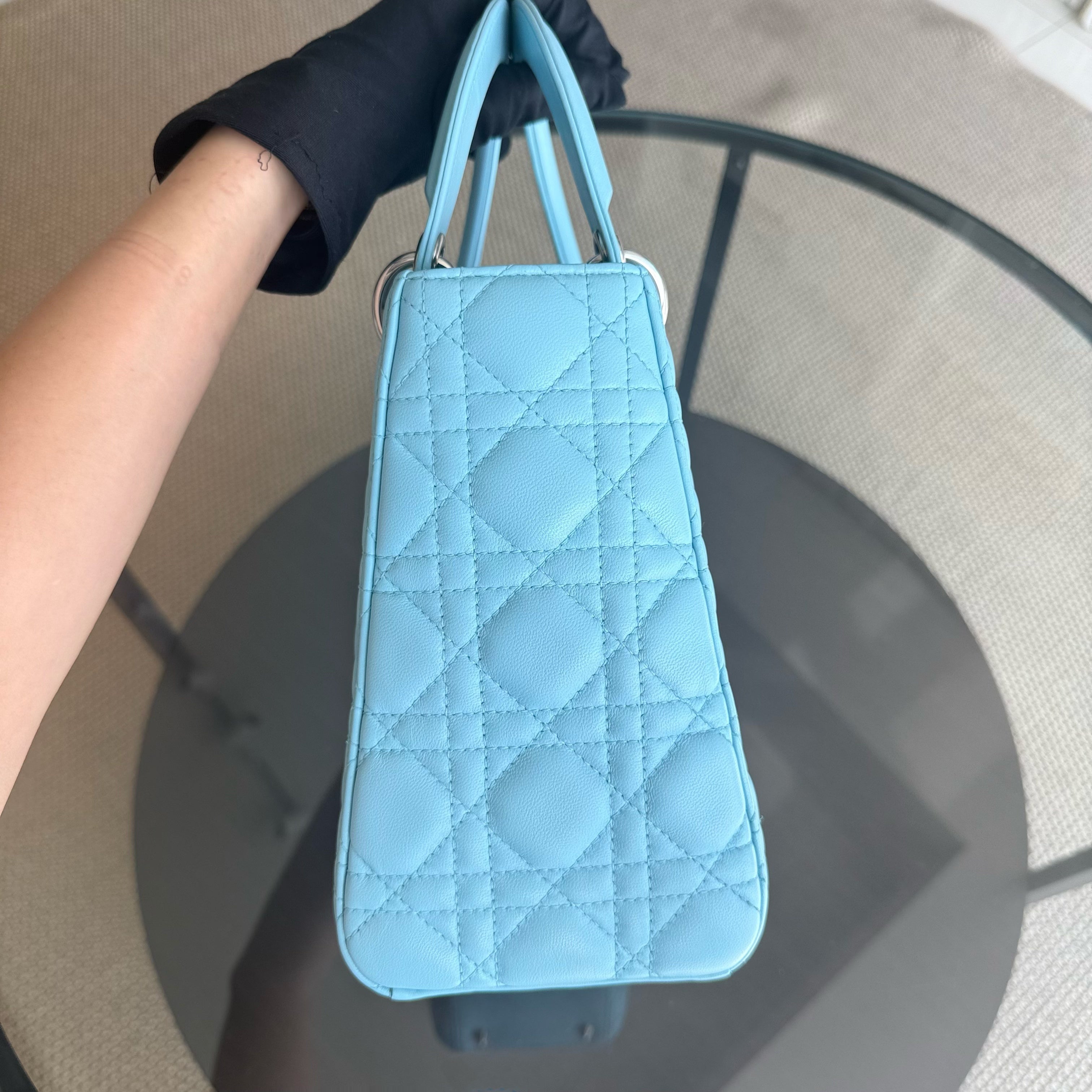 Dior Lady Medium - Cannage Lambskin Light Baby Blue Silver Hardware