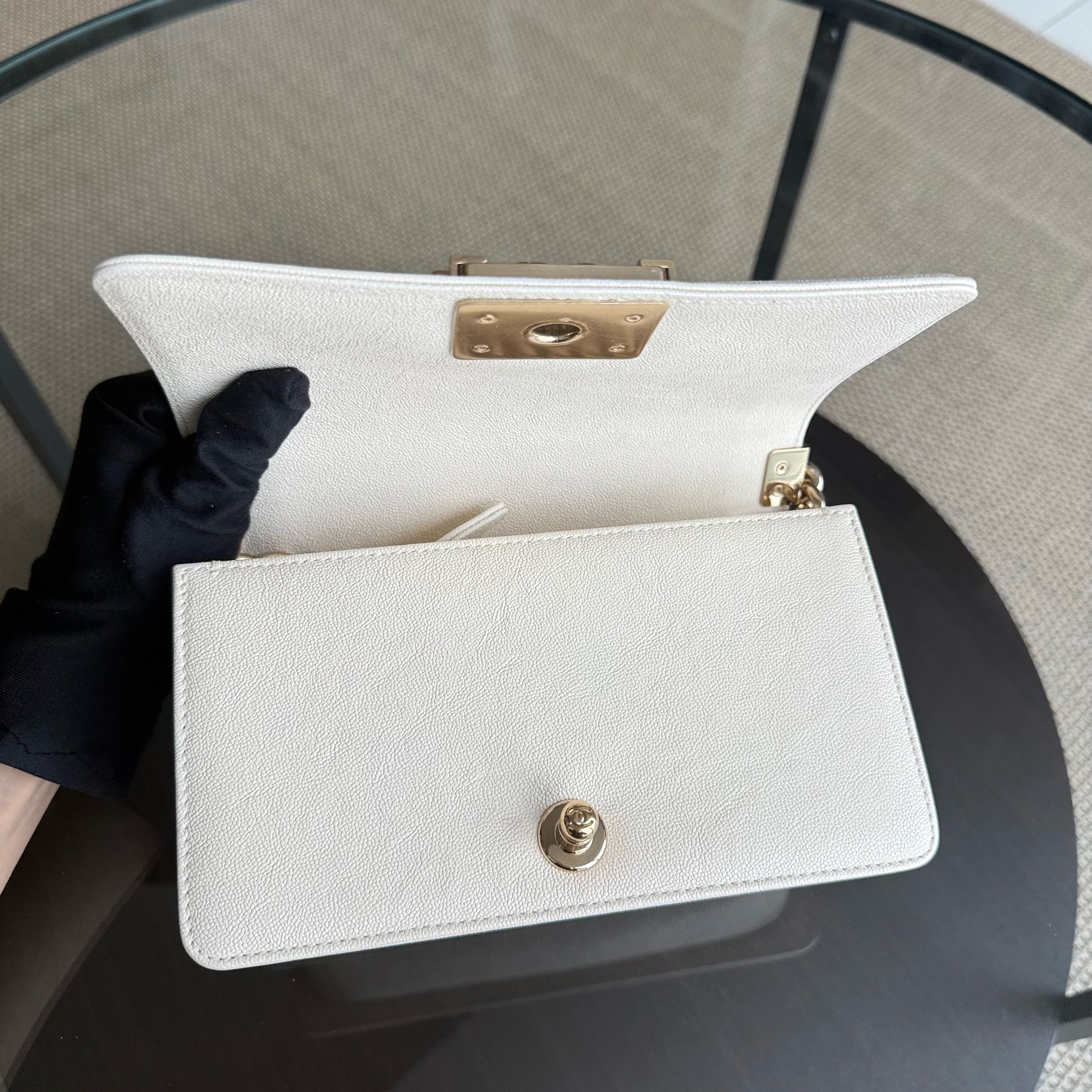Chanel Boy Small - Caviar Quilted Cream White Gold Hardware 27