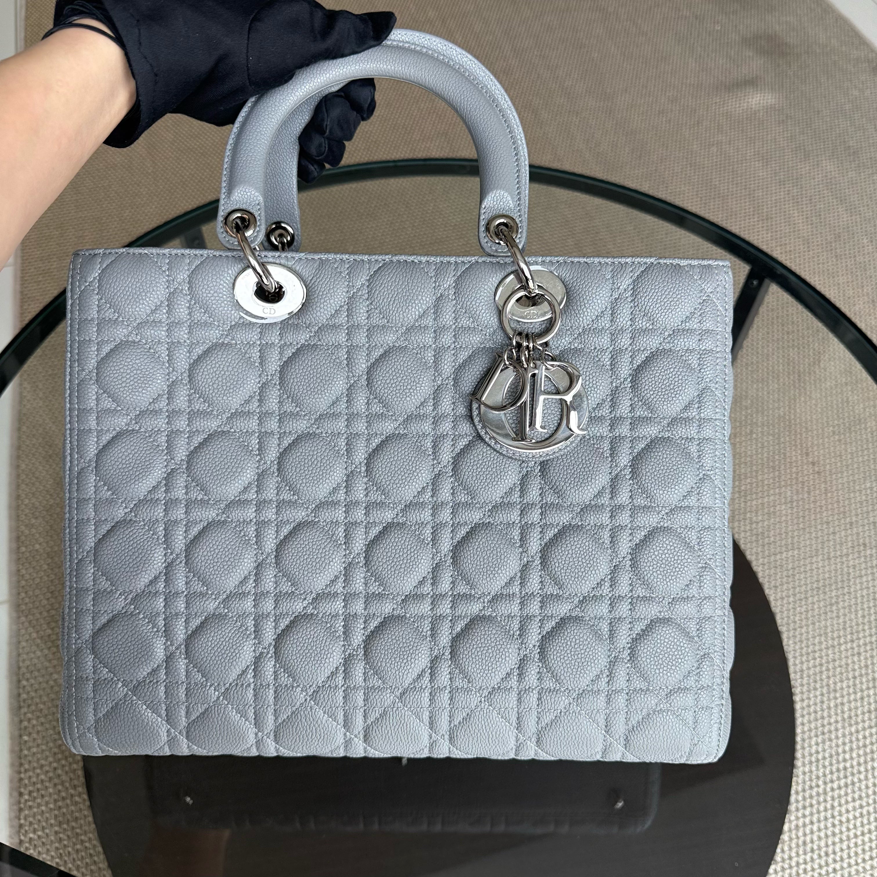 Dior Lady Large - Caviar Cannage Grained Calfskin Grey Gray Silver Hardware