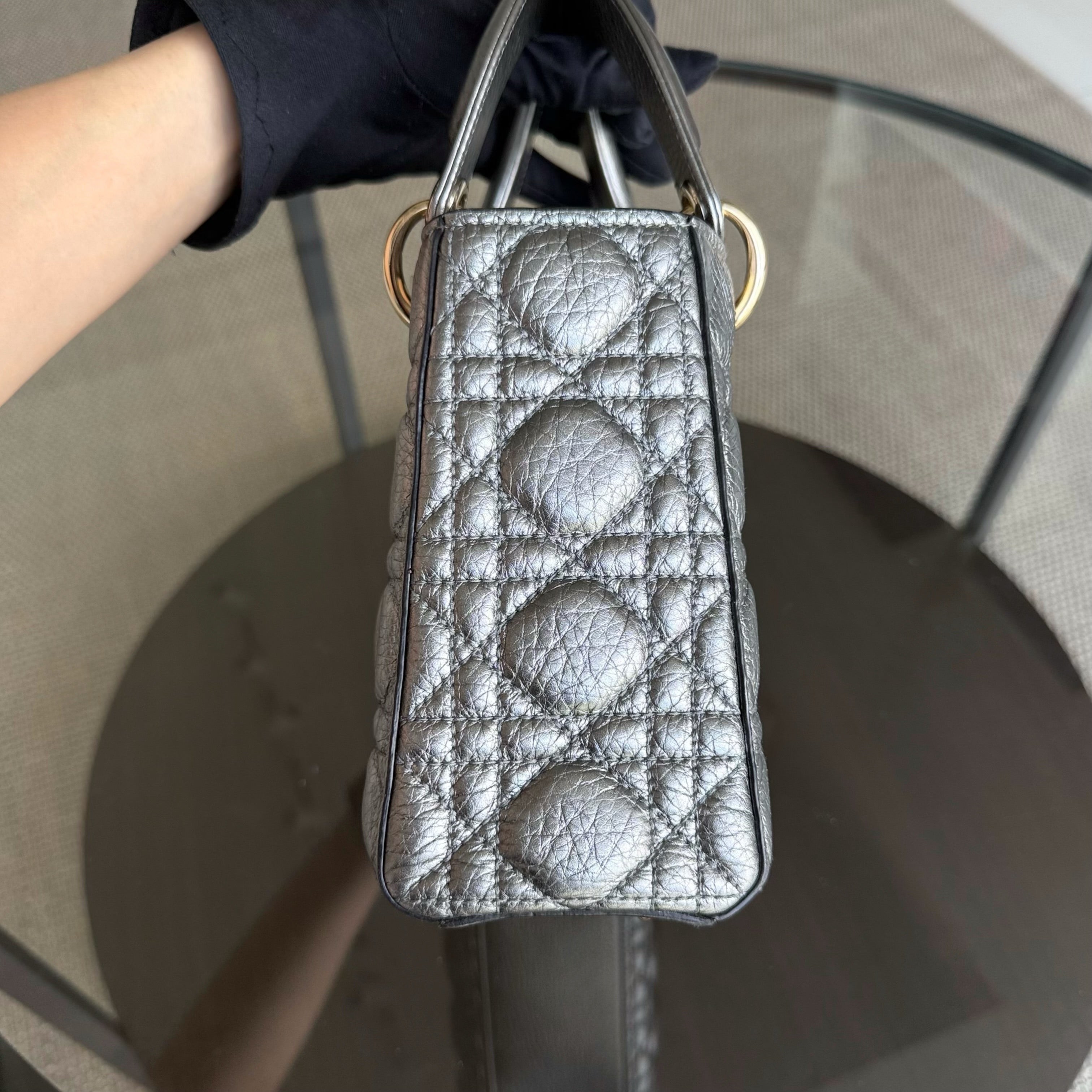 Dior Lady Small - Cannage Gray Calfskin Gold Hardware