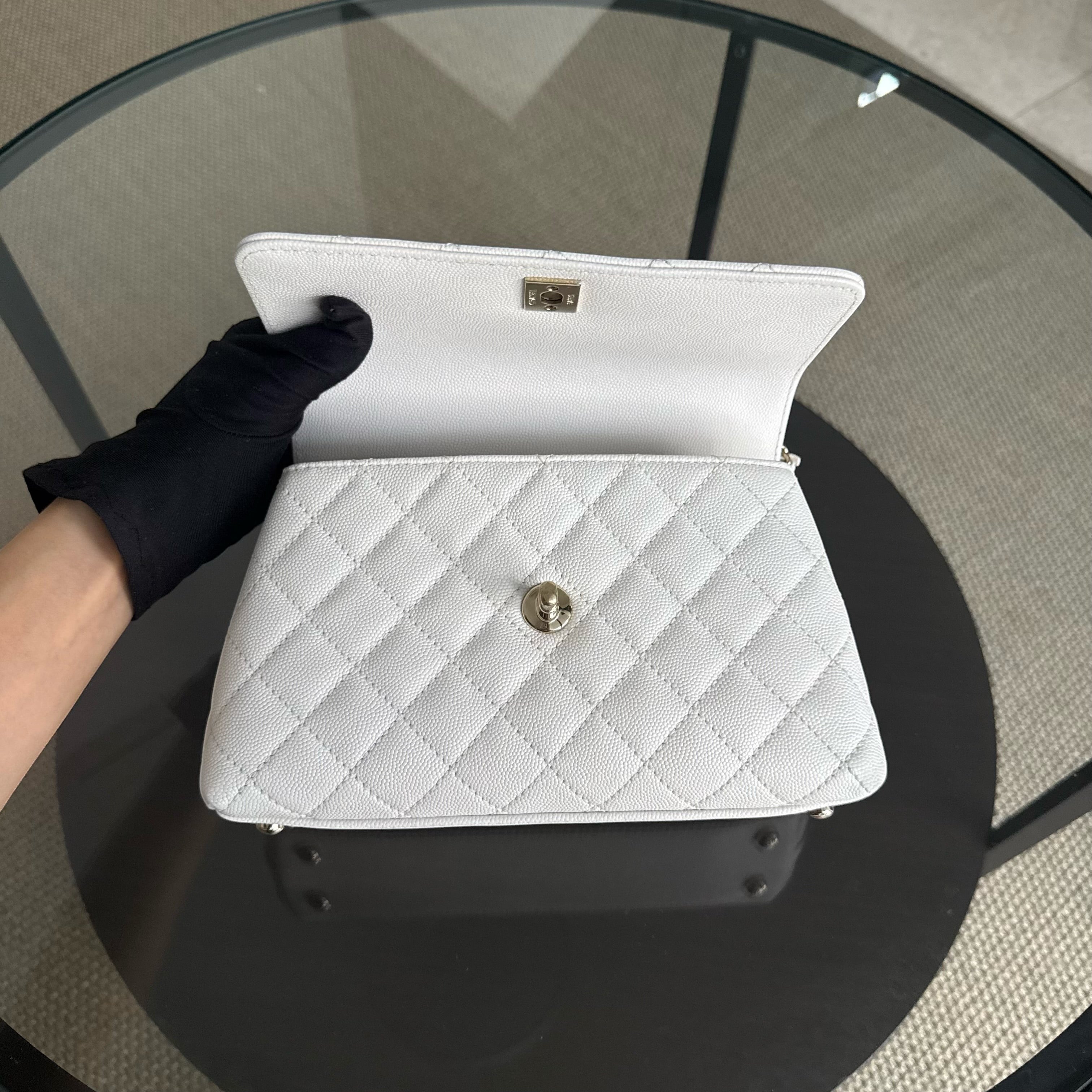 Chanel Coco Handle Small - 24CM Caviar Quilted White Gold Hardware Microchip