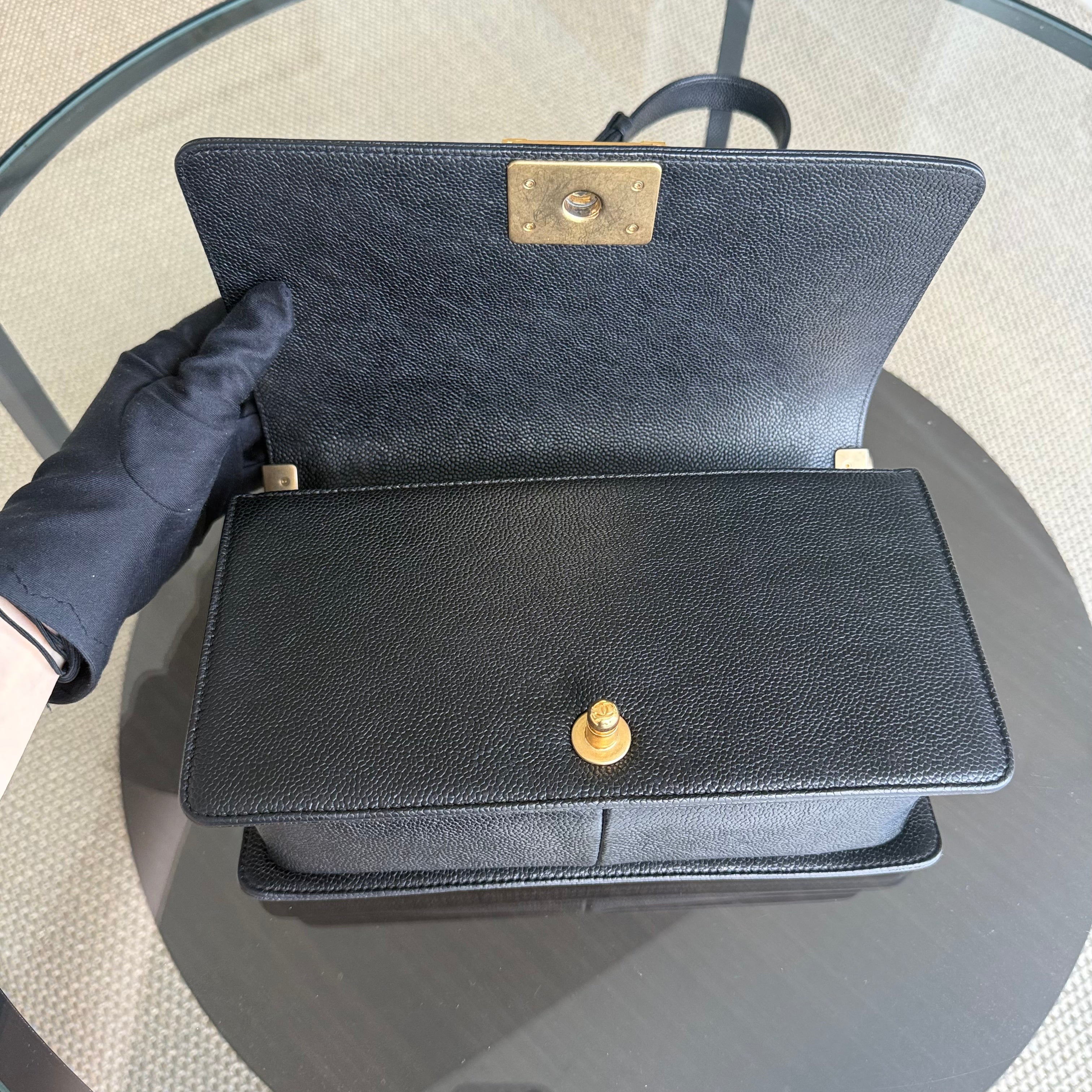 Chanel Boy Medium - Caviar 25CM Quilted Black Aged Gold Hardware Series 23