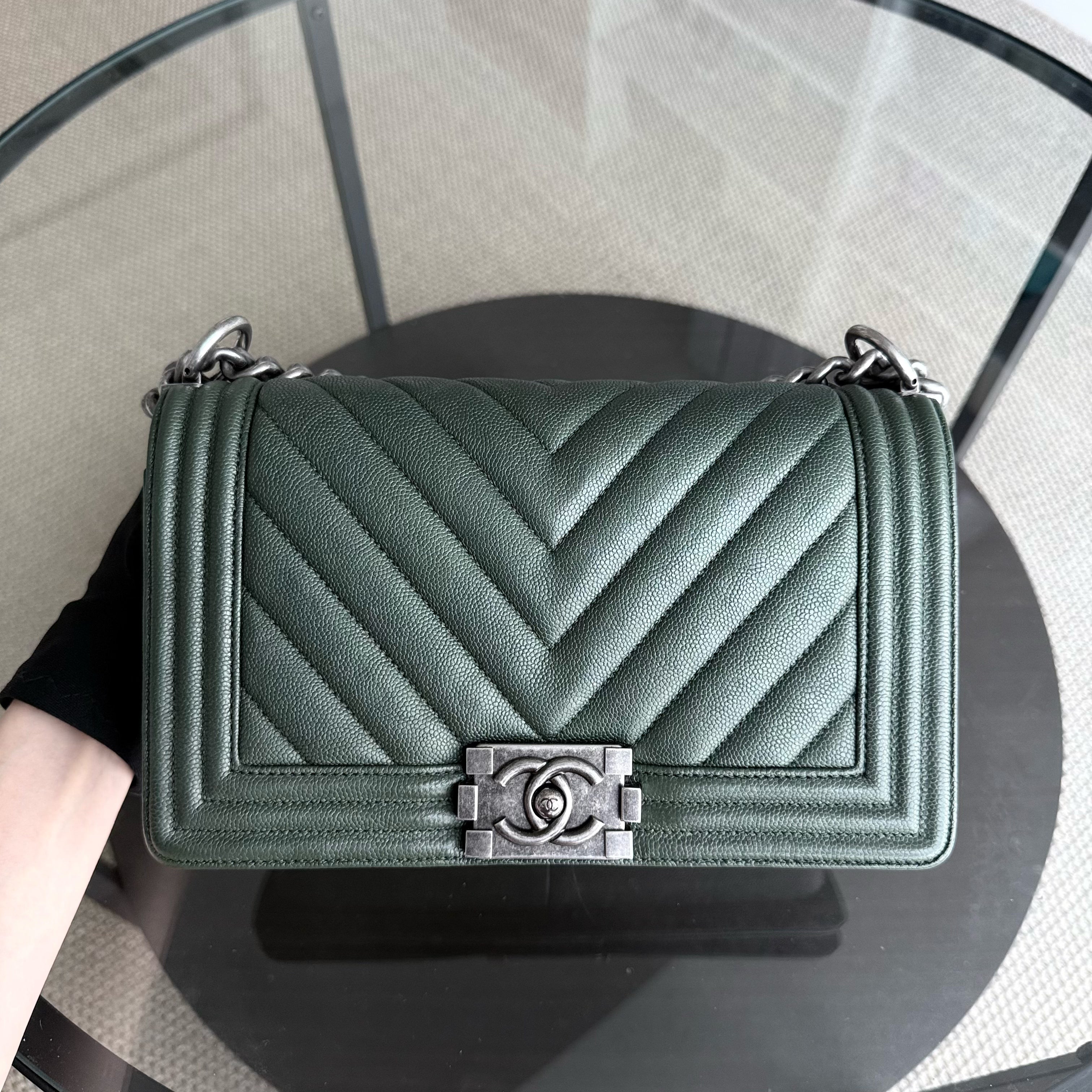 Chanel Boy Medium - Caviar 25CM Chevron Dark Green Ruthenium Silver Hardware Series 26