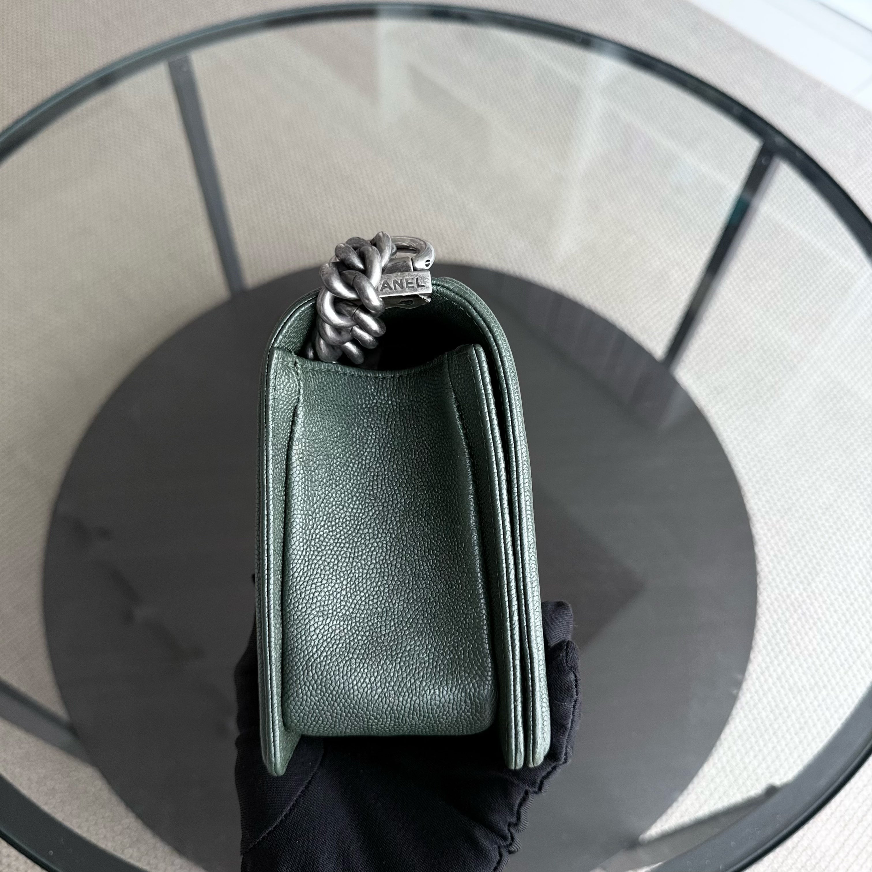 Chanel Boy Medium - Caviar 25CM Chevron Dark Green Ruthenium Silver Hardware Series 26