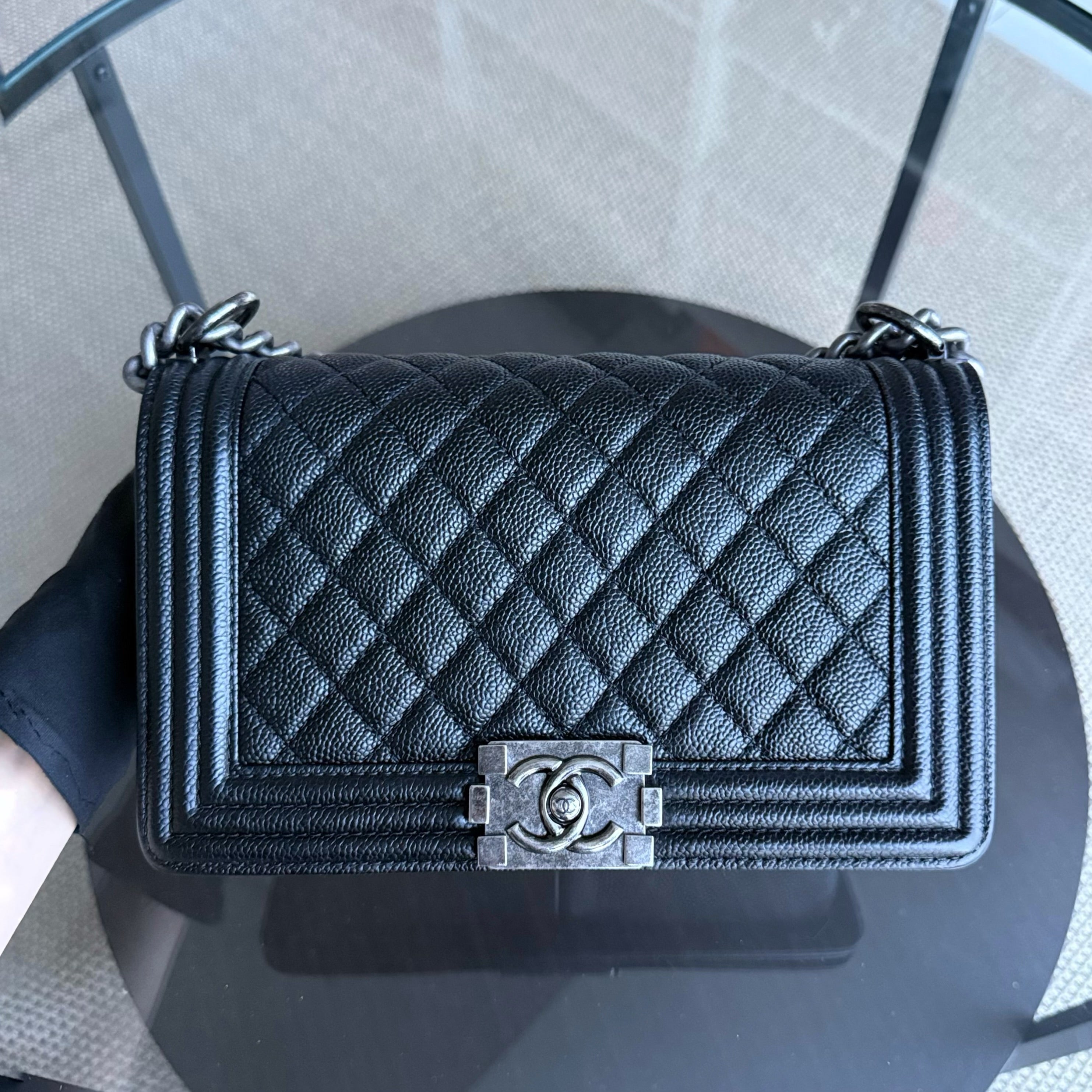 Chanel Boy Medium - Caviar Quilted Grained Calfskin Black Ruthenium Silver Hardware Series 20