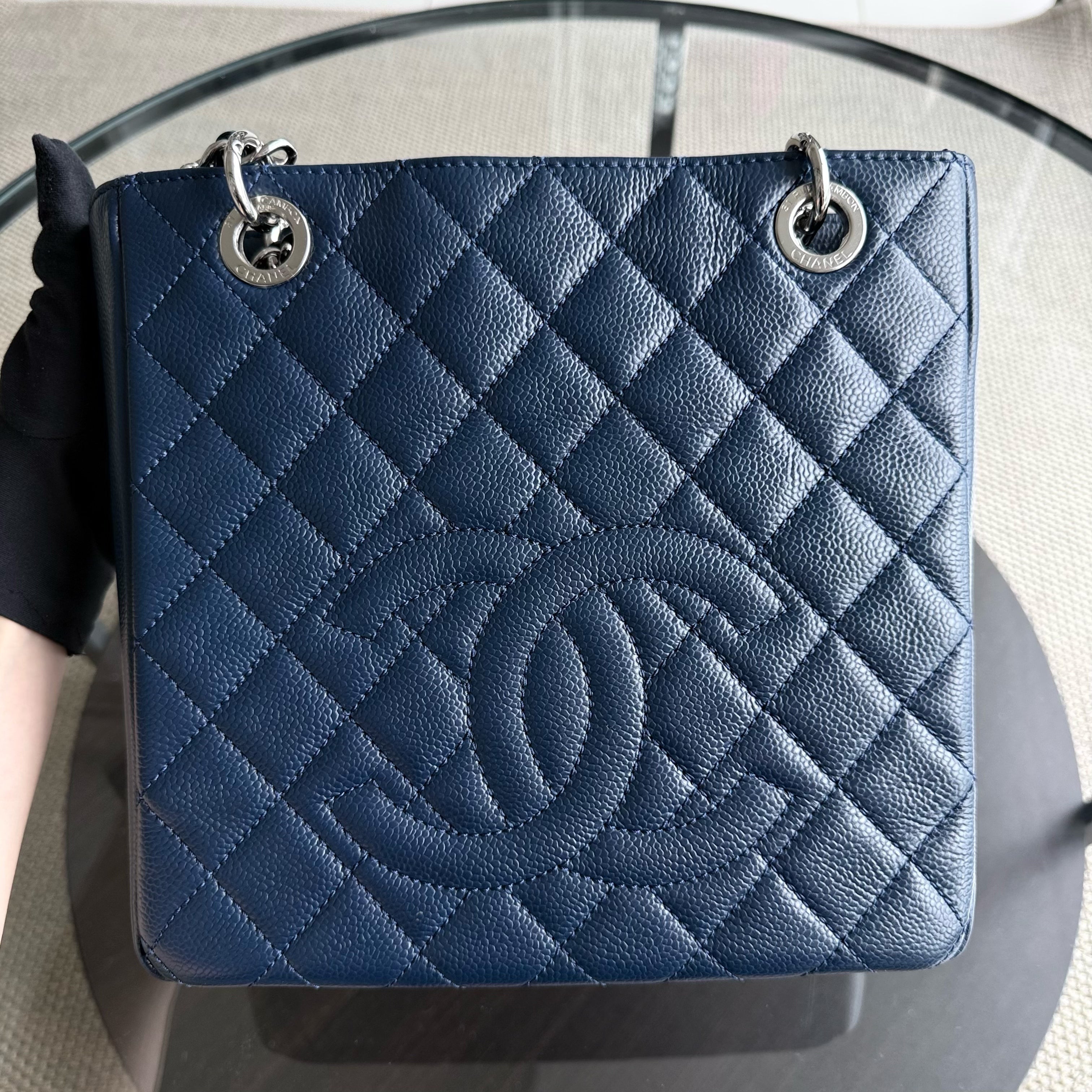 Chanel PST Petite Shopping Tote - Caviar 24CM Quilted Dark Blue Silver Hardware Series 15