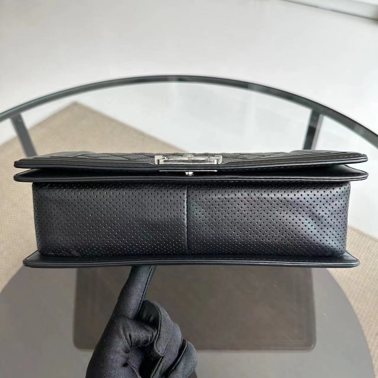 Chanel Boy Medium - 28CM Quilted Lambskin Perforated Black Silver Hardware Series 19