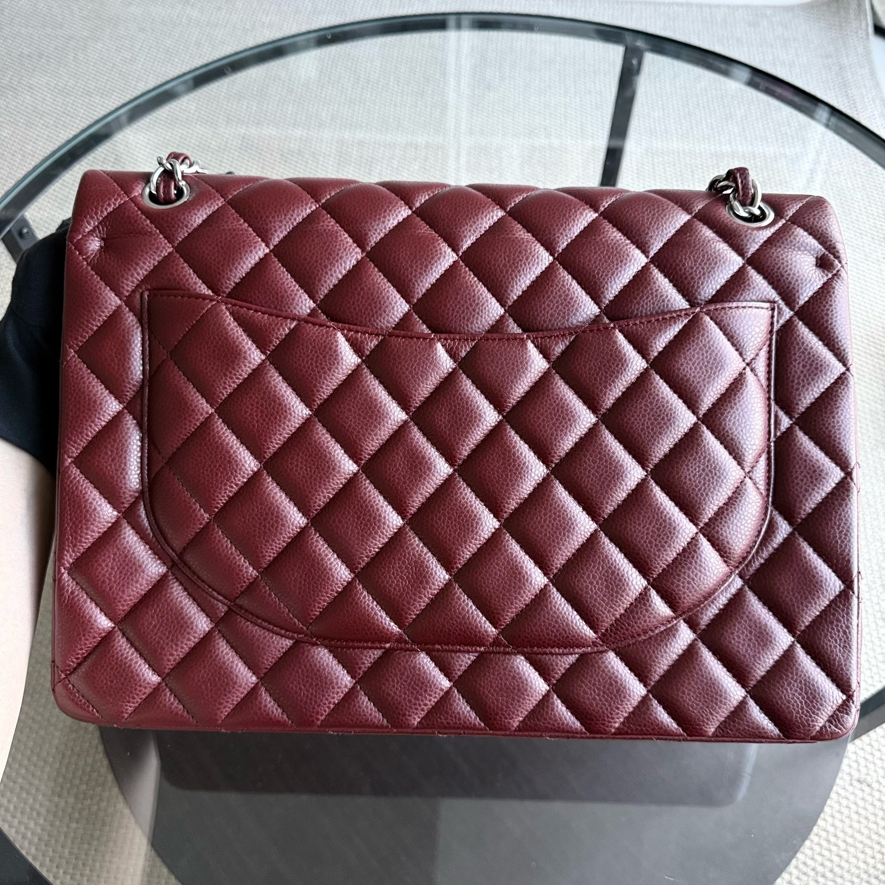 Chanel Classic Flap Maxi - Caviar Double Flap 33CM Quilted Grained Calfskin Burgundy Dark Red Silver Hardware Series 15