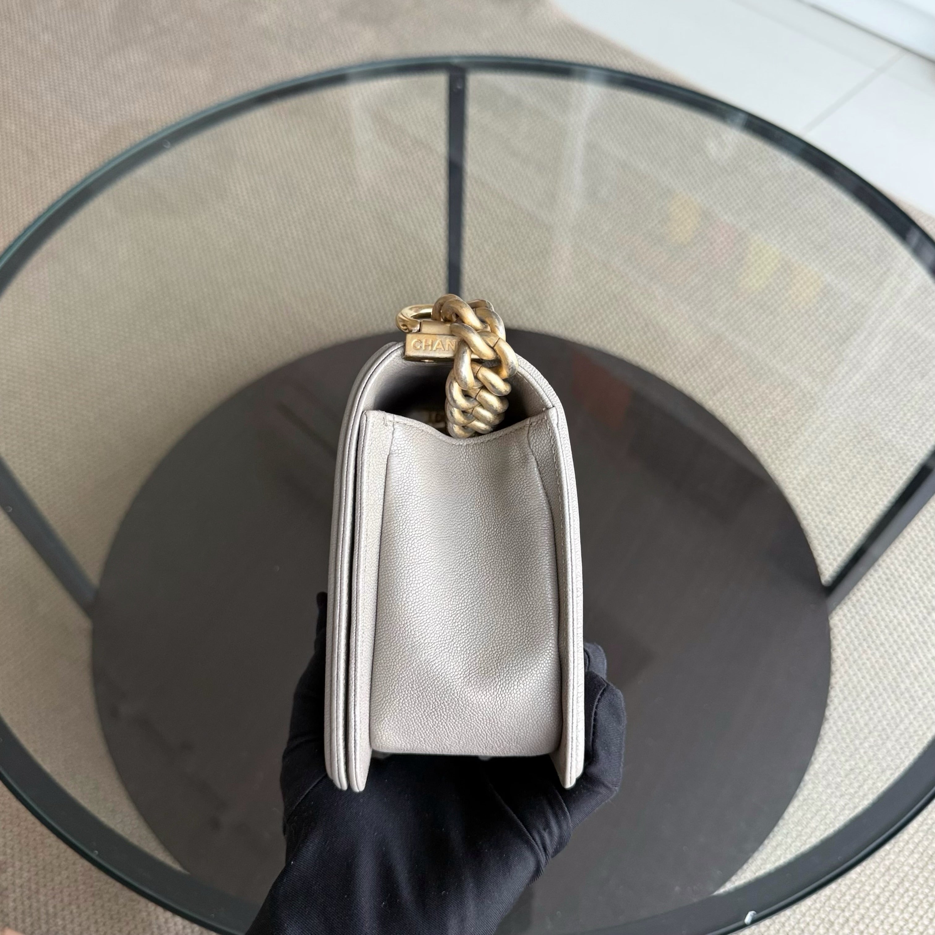 Chanel Boy Medium - Caviar 25CM Quilted Grained Calfskin Grey Gray Gold Hardware Series 27