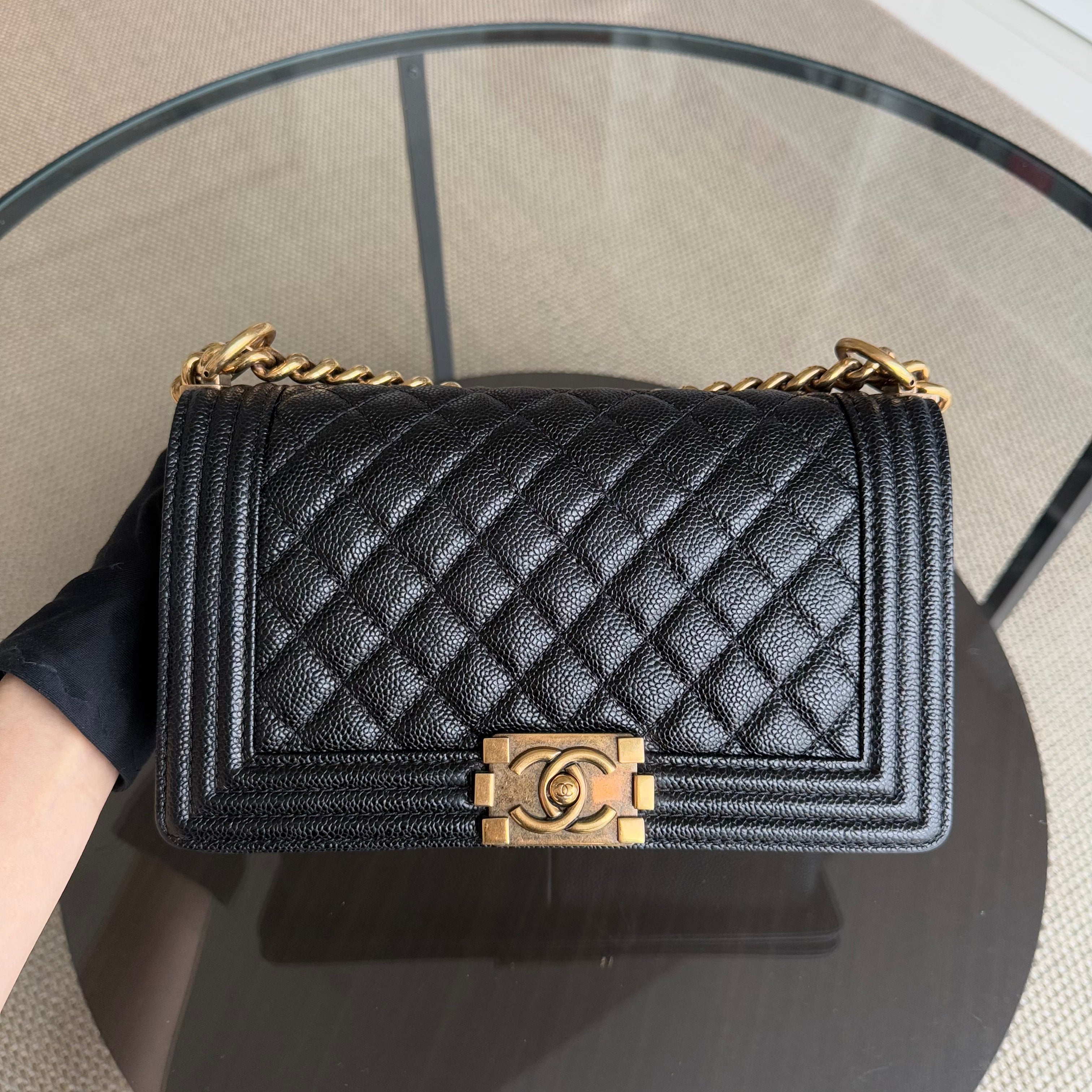 Chanel Boy Medium - Caviar 25CM Quilted Black Ruthenium Gold Hardware Series 20
