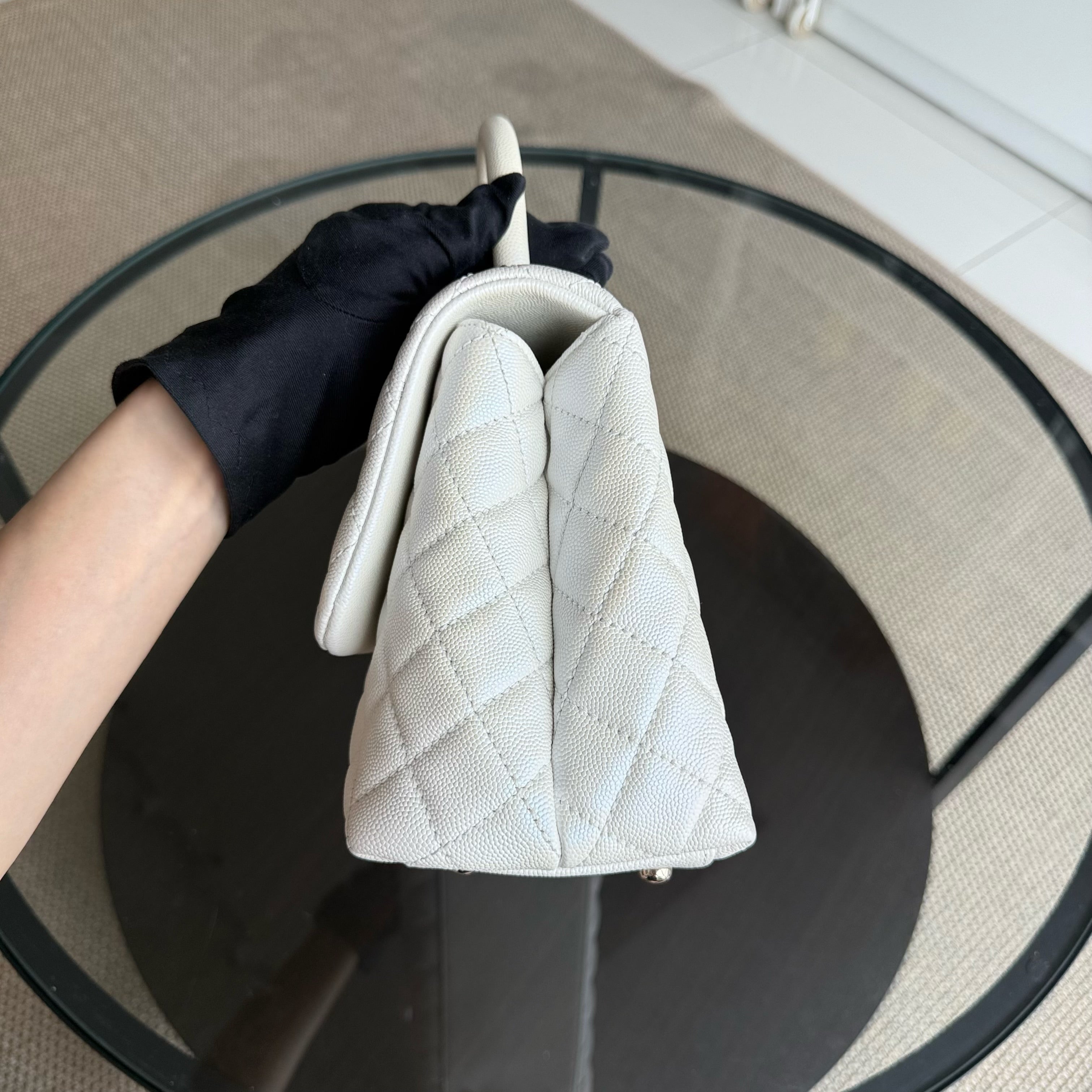 Chanel Coco Handle Medium - Caviar 29CM Quilted Irridescent Pearl White Gold Hardware Series 30