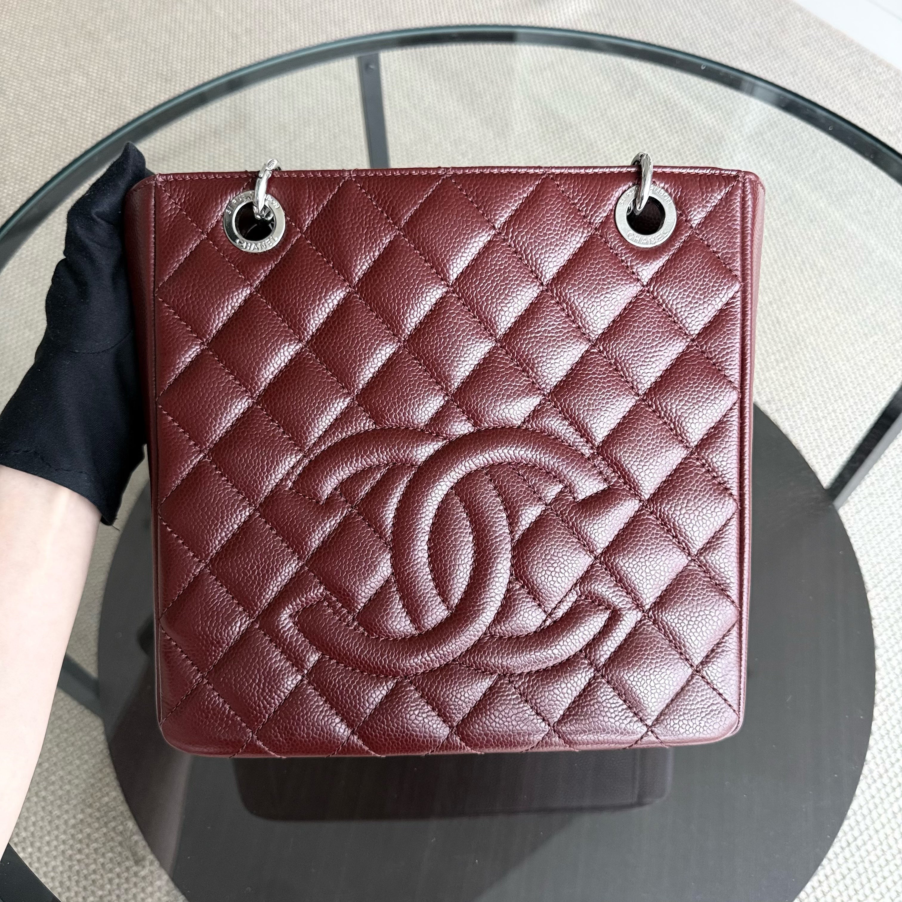 Chanel PST Petite Shopping Tote - Caviar Quilted Burgundy Dark Red Silver Hardware Series 18