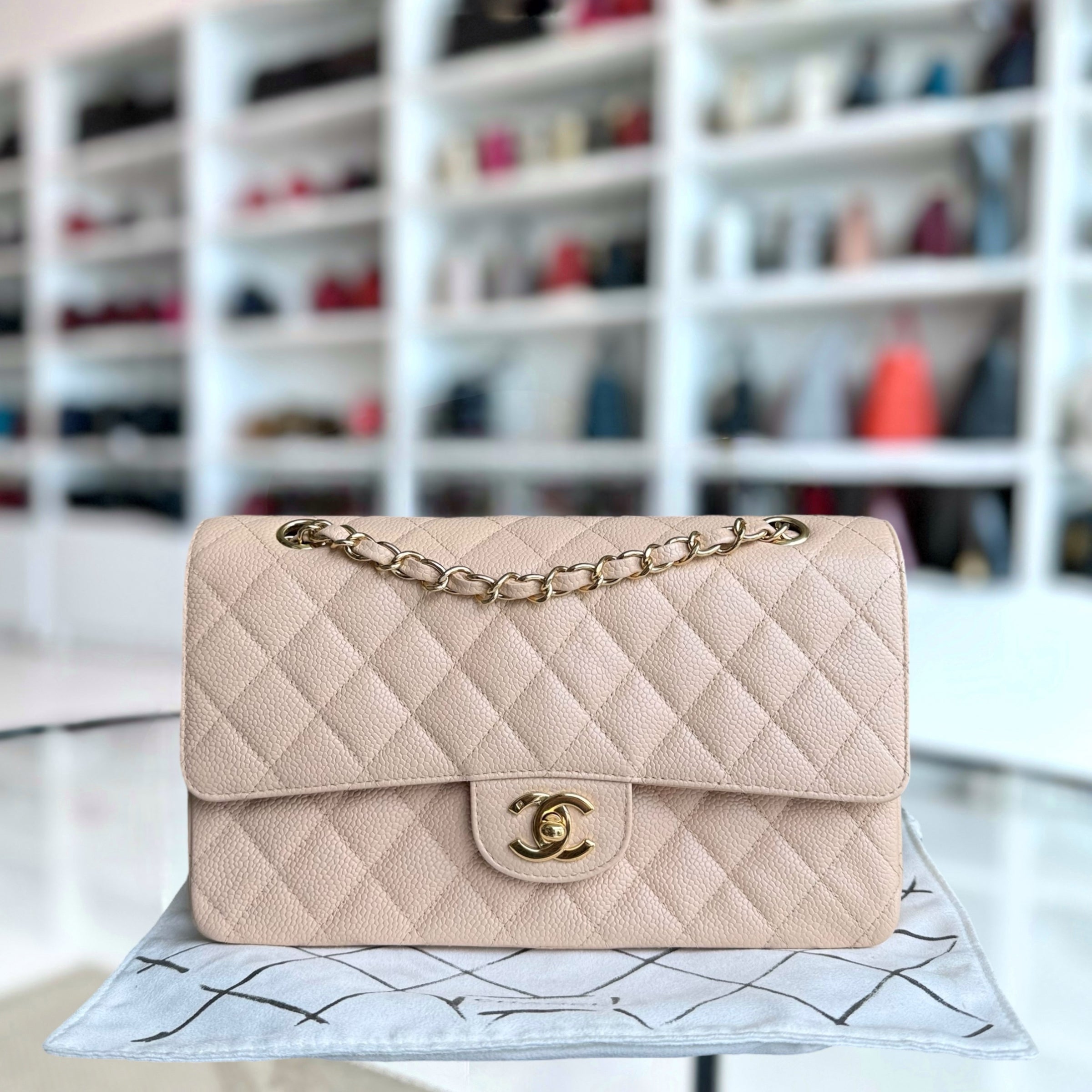 Chanel Classic Flap Medium - Caviar 25CM Quilted Beige 24K Gold Hardware Series 12