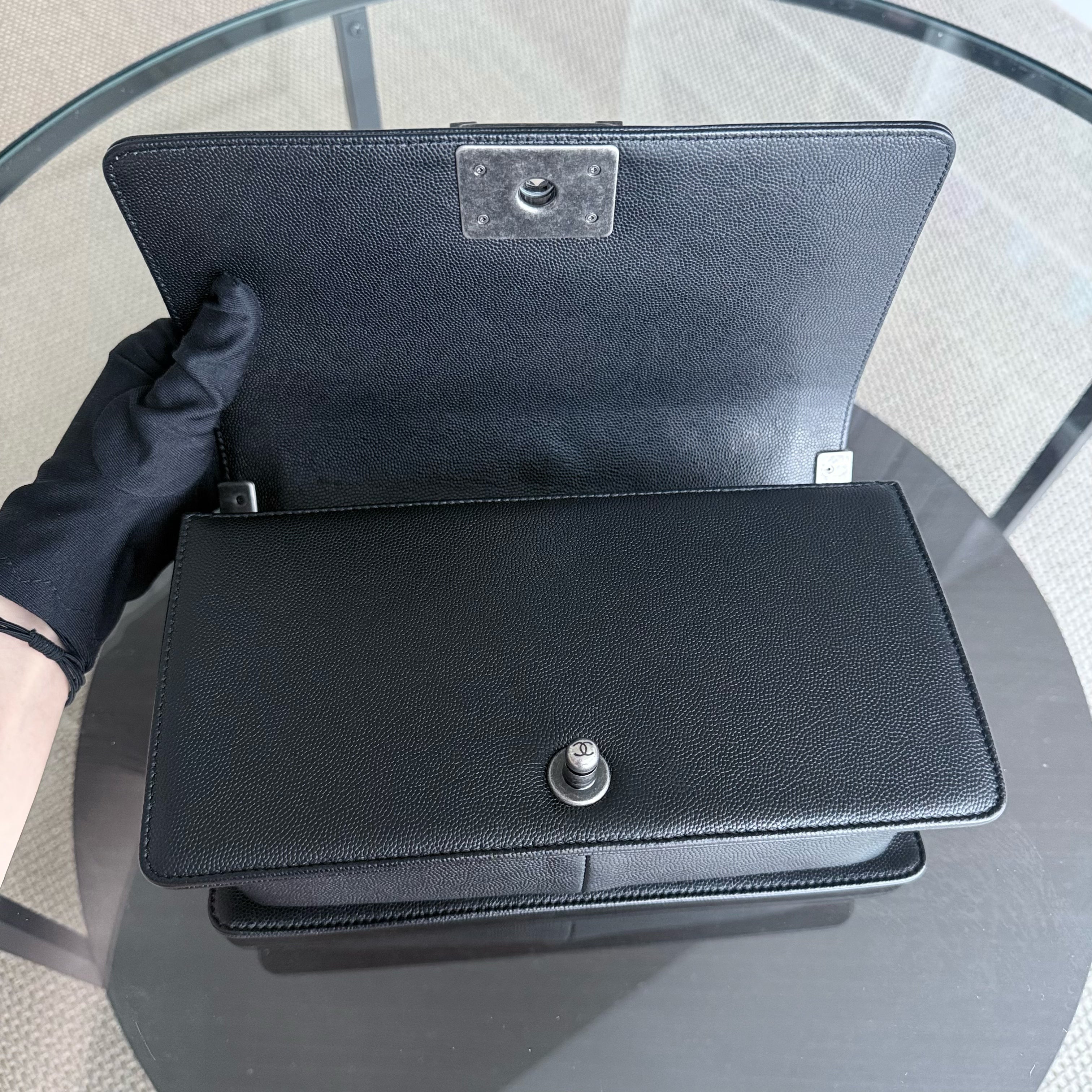 Chanel Boy Medium - Caviar 25CM Chevron Black Ruthenium Silver Hardware Series 24