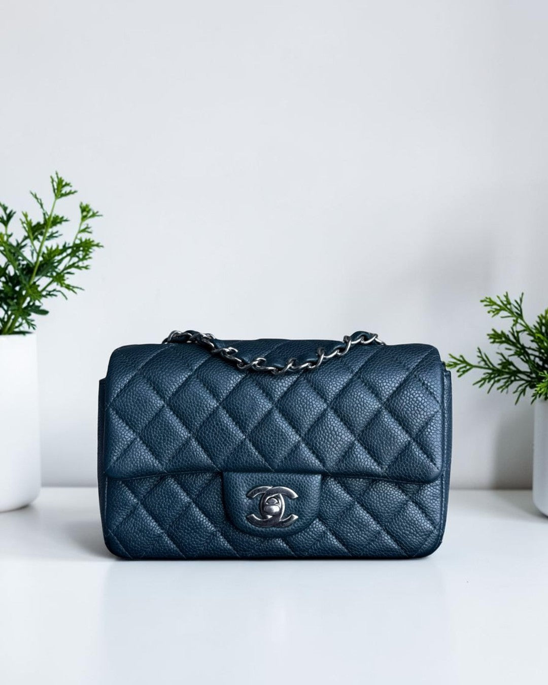 Chanel Classic Flap Mini - 20CM Caviar Quilted Dark Blue Green Silver Hardware Series 20