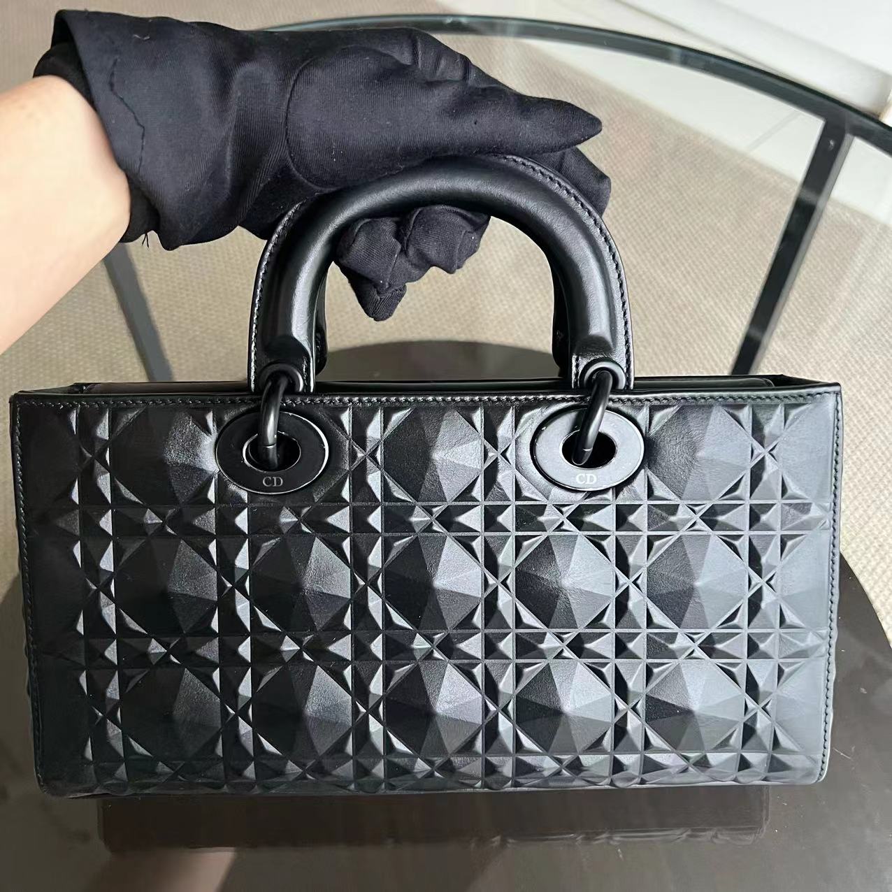 Dior D-Joy Medium - Black Cannage Dimond Motif All Black Hardware
