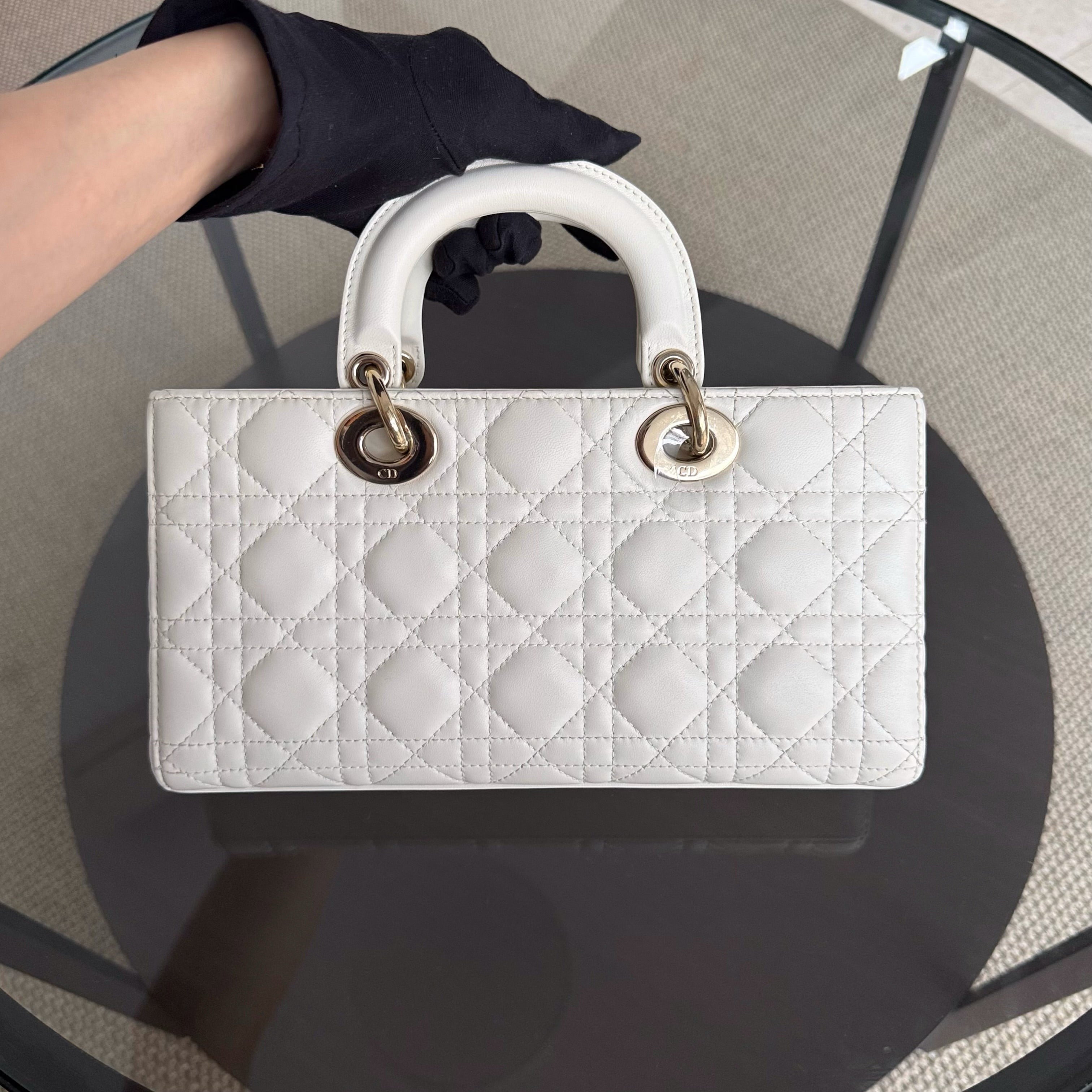 Dior D-Joy Medium - Cannage Lambskin White Gold Hardware