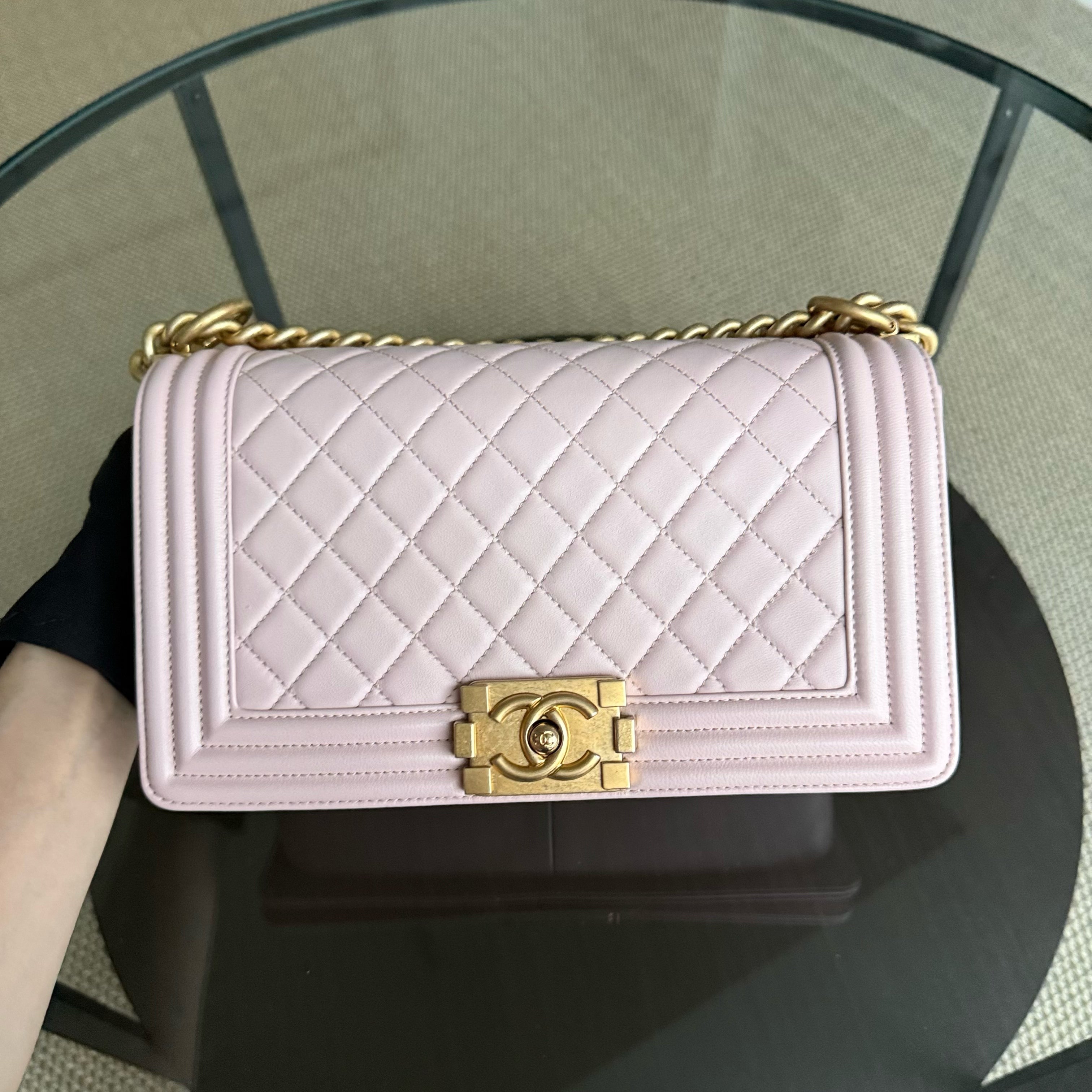 Chanel Boy Medium - 25CM Quilted Lambskin Sakura Light Pink Gold Hardware Series 24
