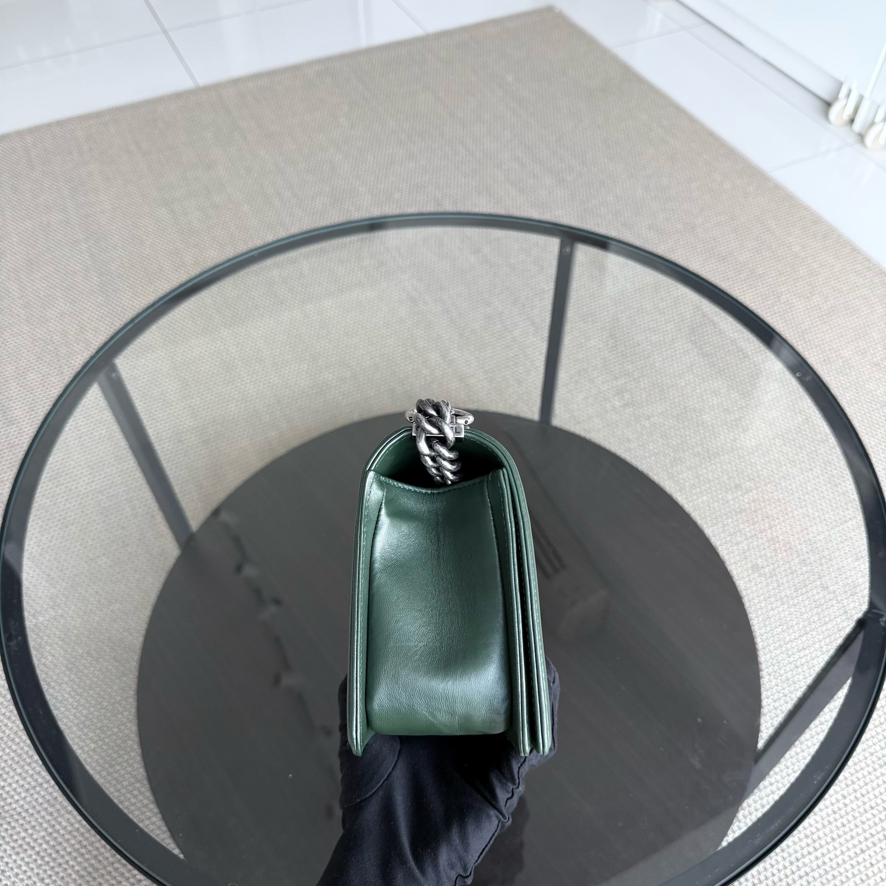 Chanel Boy Medium - Quilted Lambskin Dark Green Ruthenium Silver Hardware Series 20