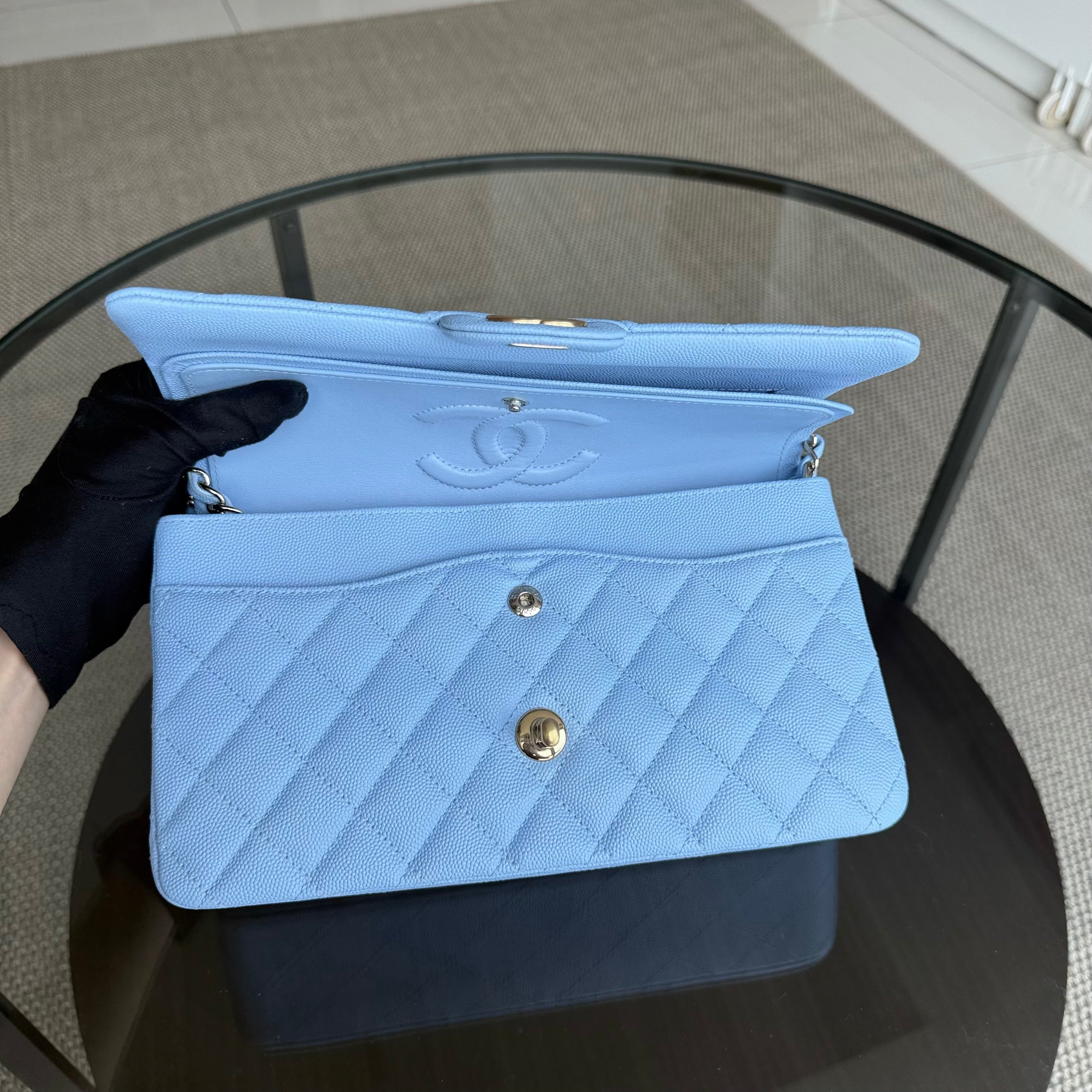 Chanel Classic Flap Medium - Caviar 25CM Quilted Light Blue Gold Hardware Microchip