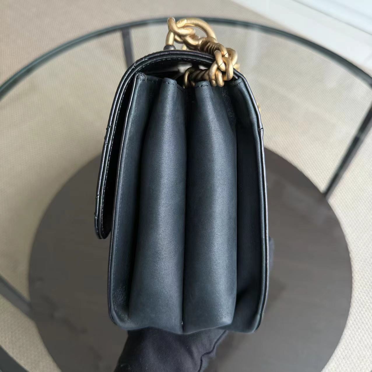 Chanel Seasonal Flap Jumbo - 30CM Glazed Calfskin Quilted Straight Line Black Gold Hardware Series 23