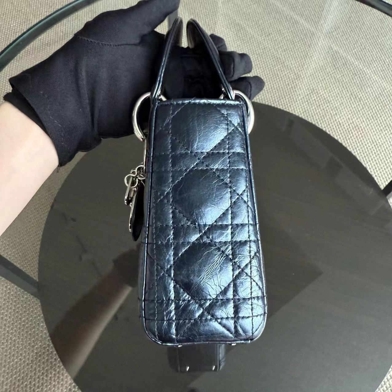 Dior Lady Mini - Glazed Calfskin Metallic Blue Silver Palladium Hardware