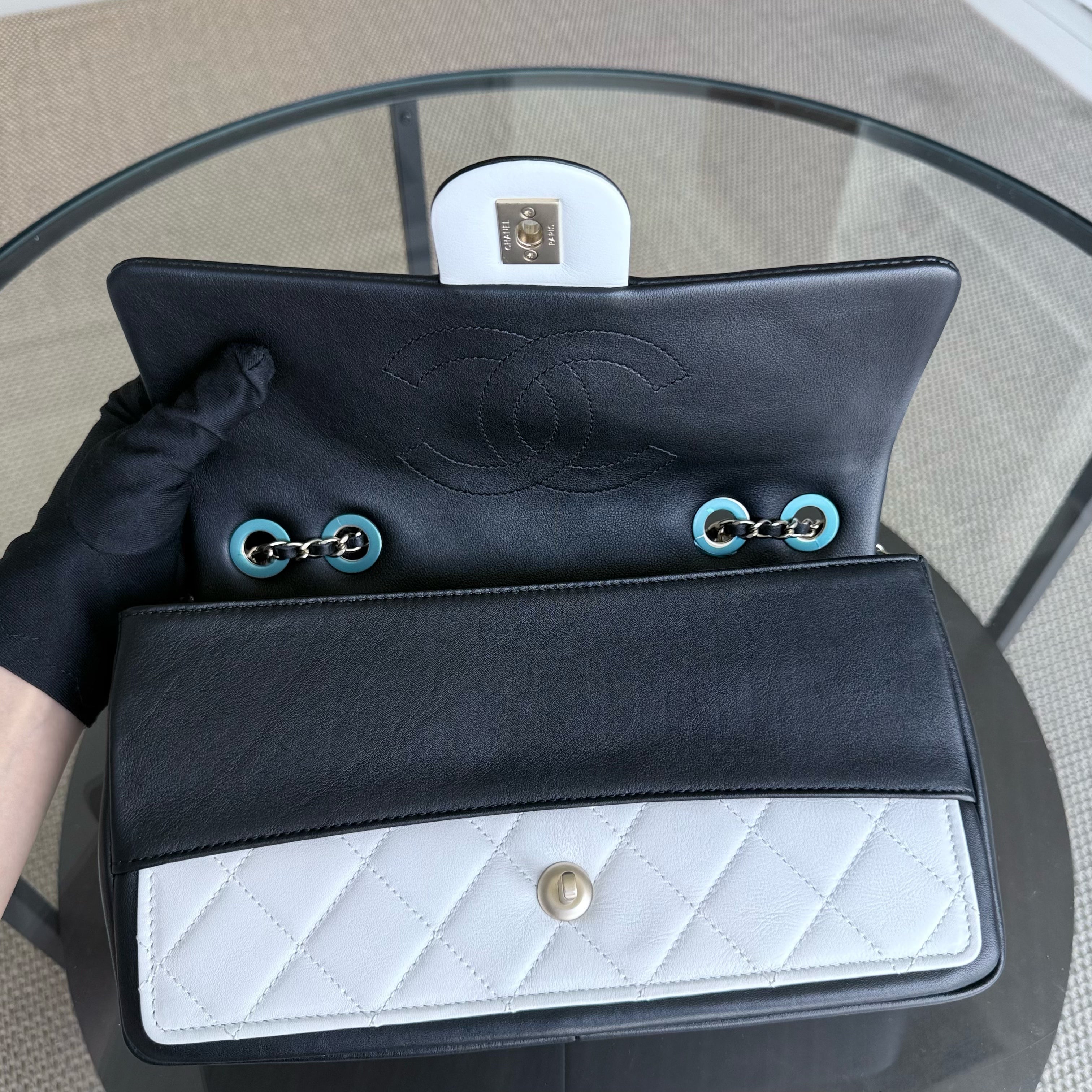Chanel Seasonal Flap - 25CM Quilted Lambskin Bi-Color White Black Gold Hardware Series 20