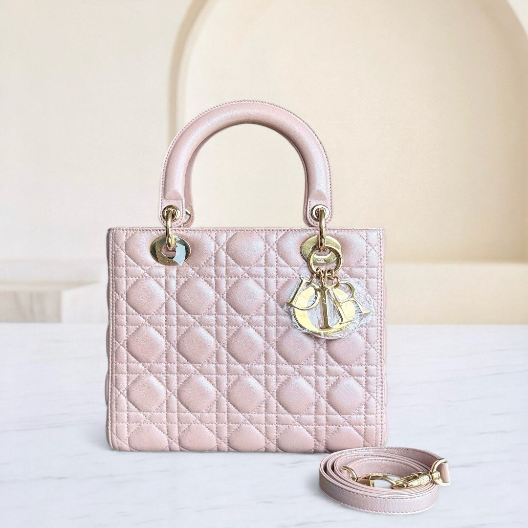 Dior Lady Medium Cannage Lambskin Light Pink Gold Hardware