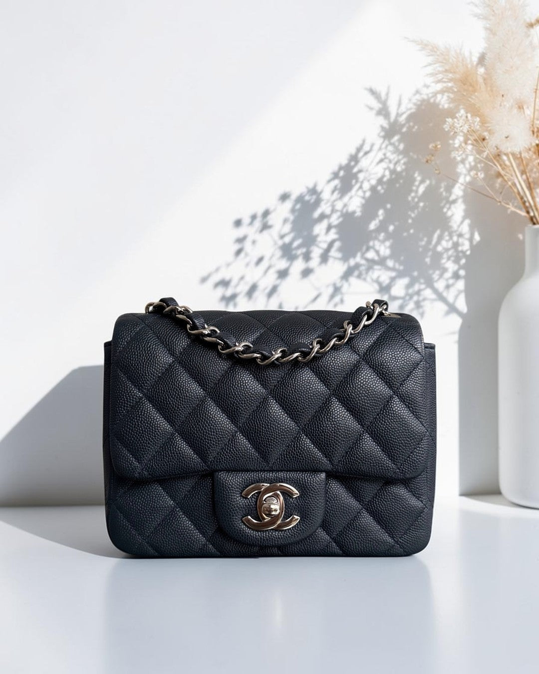 Chanel Classic Flap Mini Square - Caviar Quilted Midnight Blue Silver Hardware Series 26