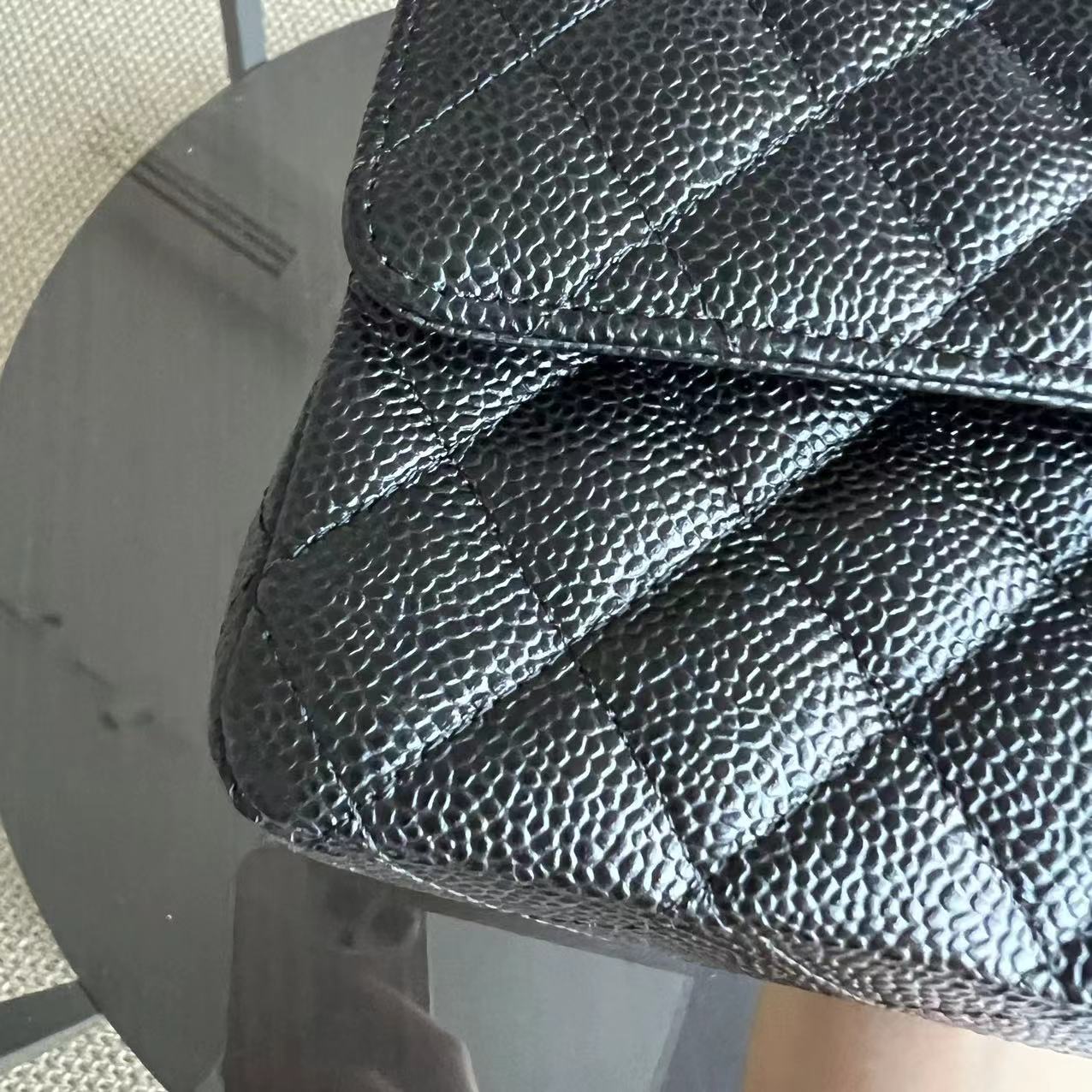 *Unused* Medium Double Flap 25CM Quilted Grained Calfskin Black Silver Hardware Series 23