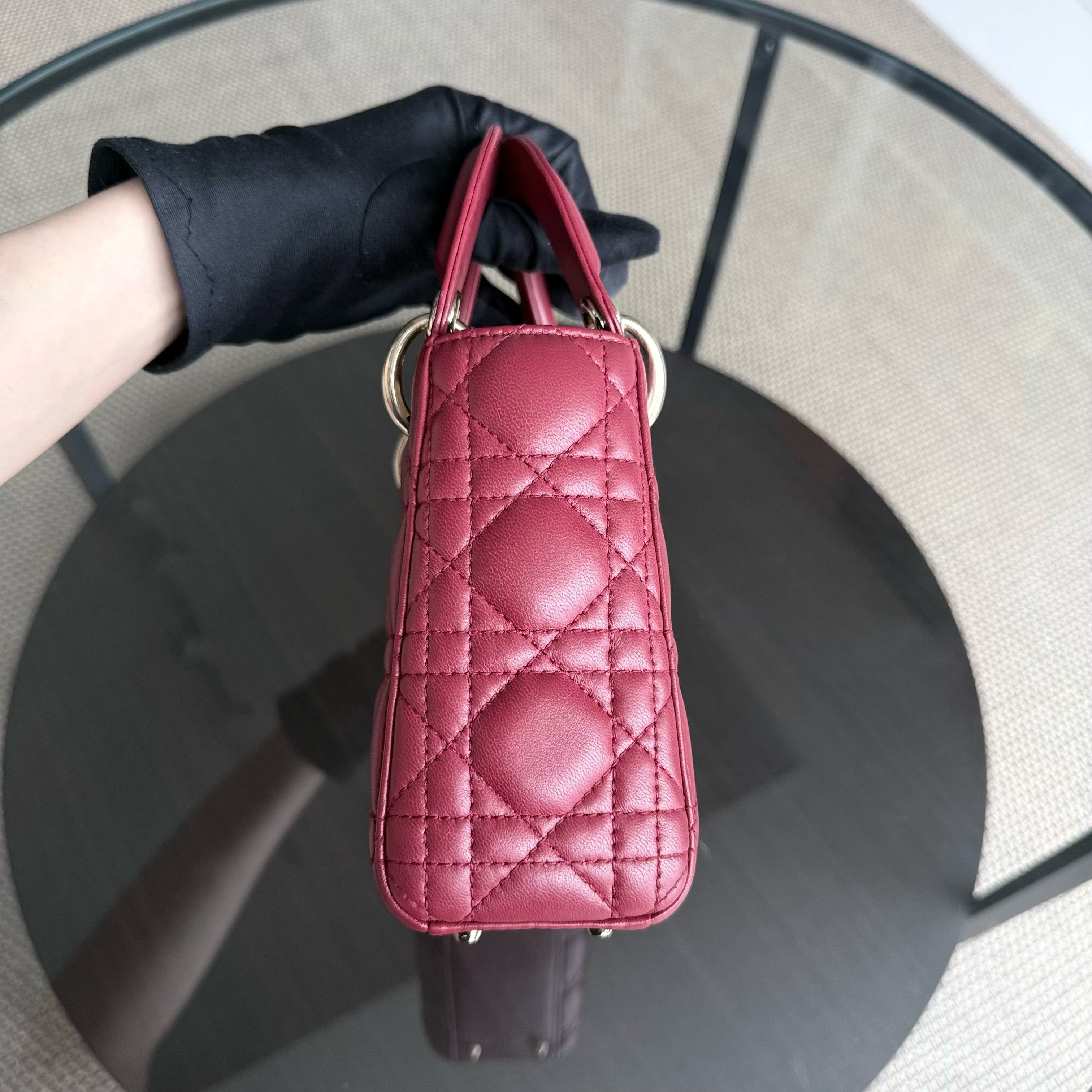 Dior Lady Mini - Cannage Lambskin Dark Red Gold Hardware Chain Strap