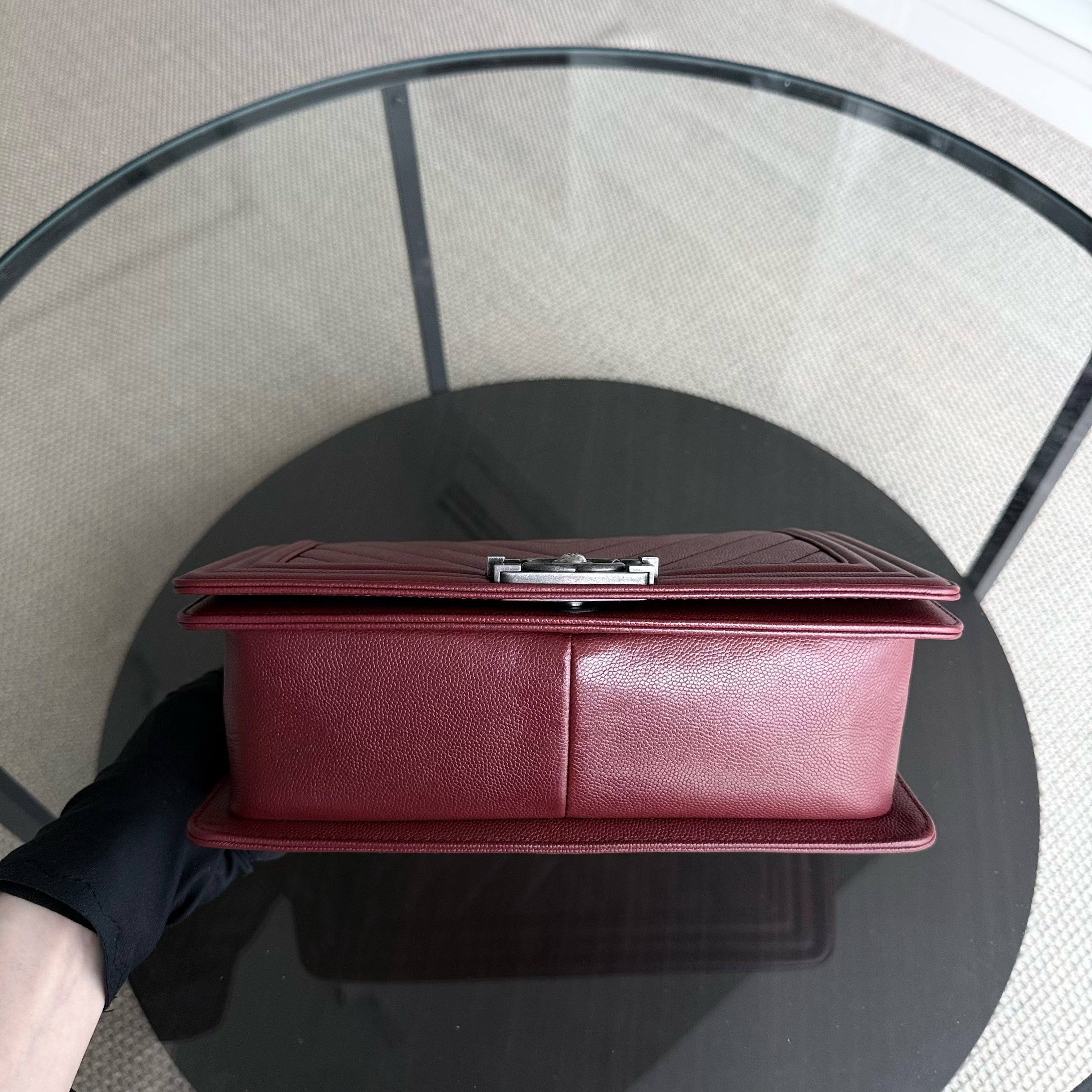 Chanel Boy Medium - Caviar 25CM Chevron Dark Red Burgundy Ruthenium Silver Hardware Series 24