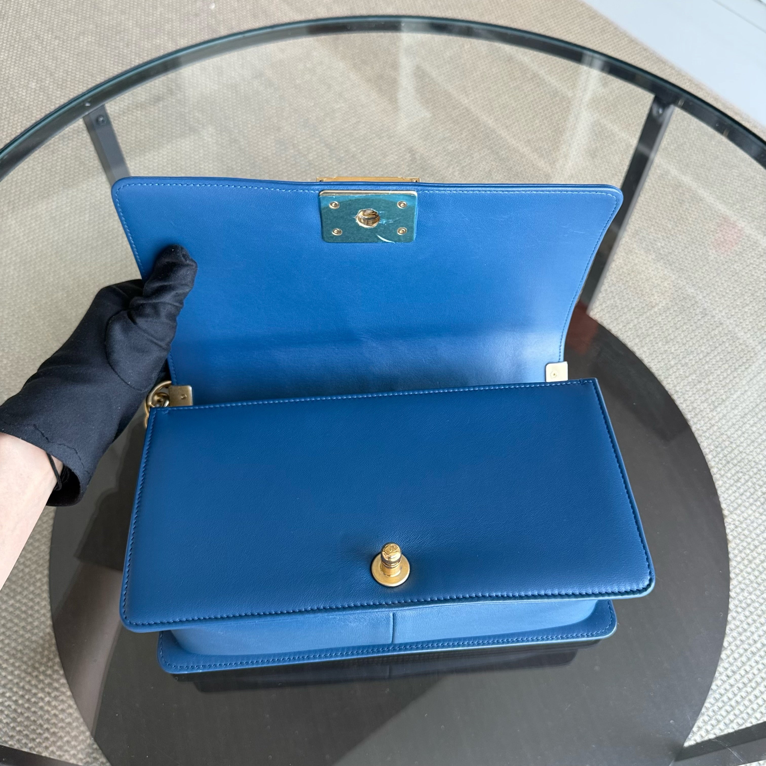 Chanel Boy Old Medium - Quilted Lambskin Blue Gold Hardware Series 23